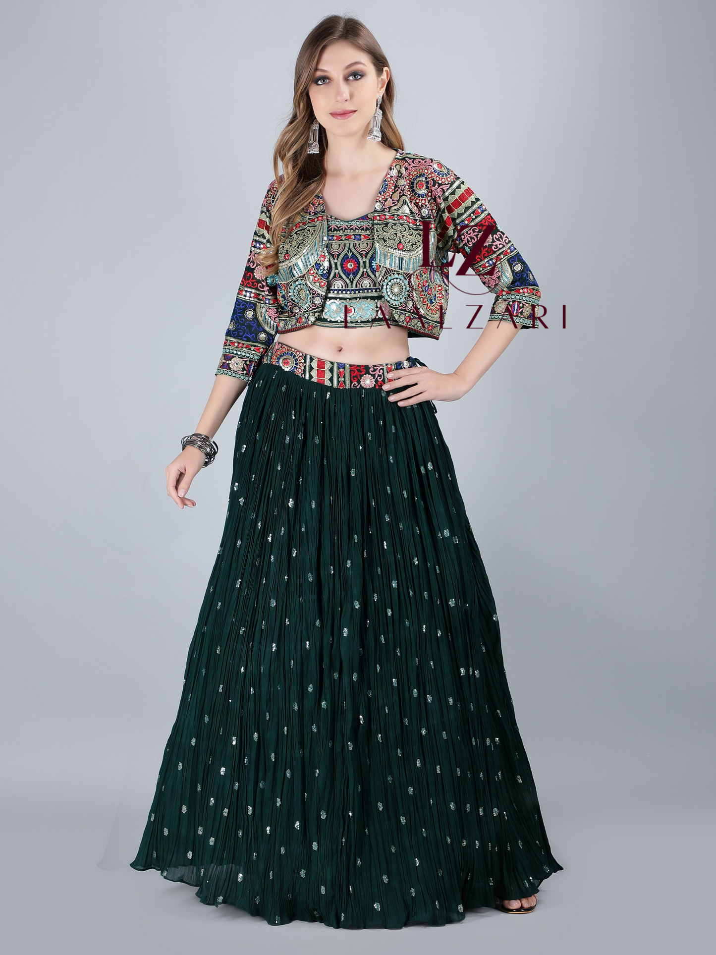 Dark Green crop top- skirt with jacket