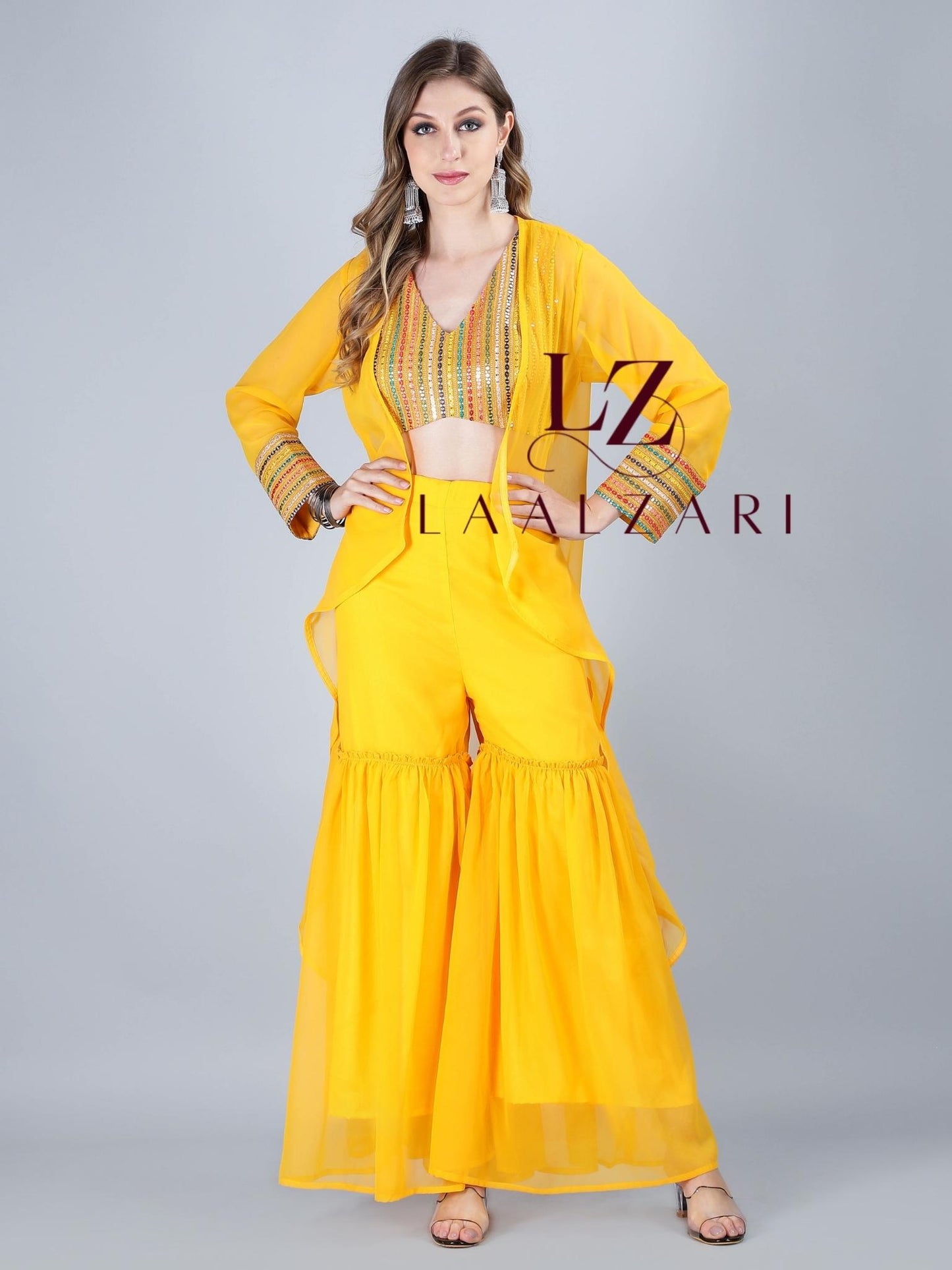 Mustard Crop Top With Sharara And Shrug