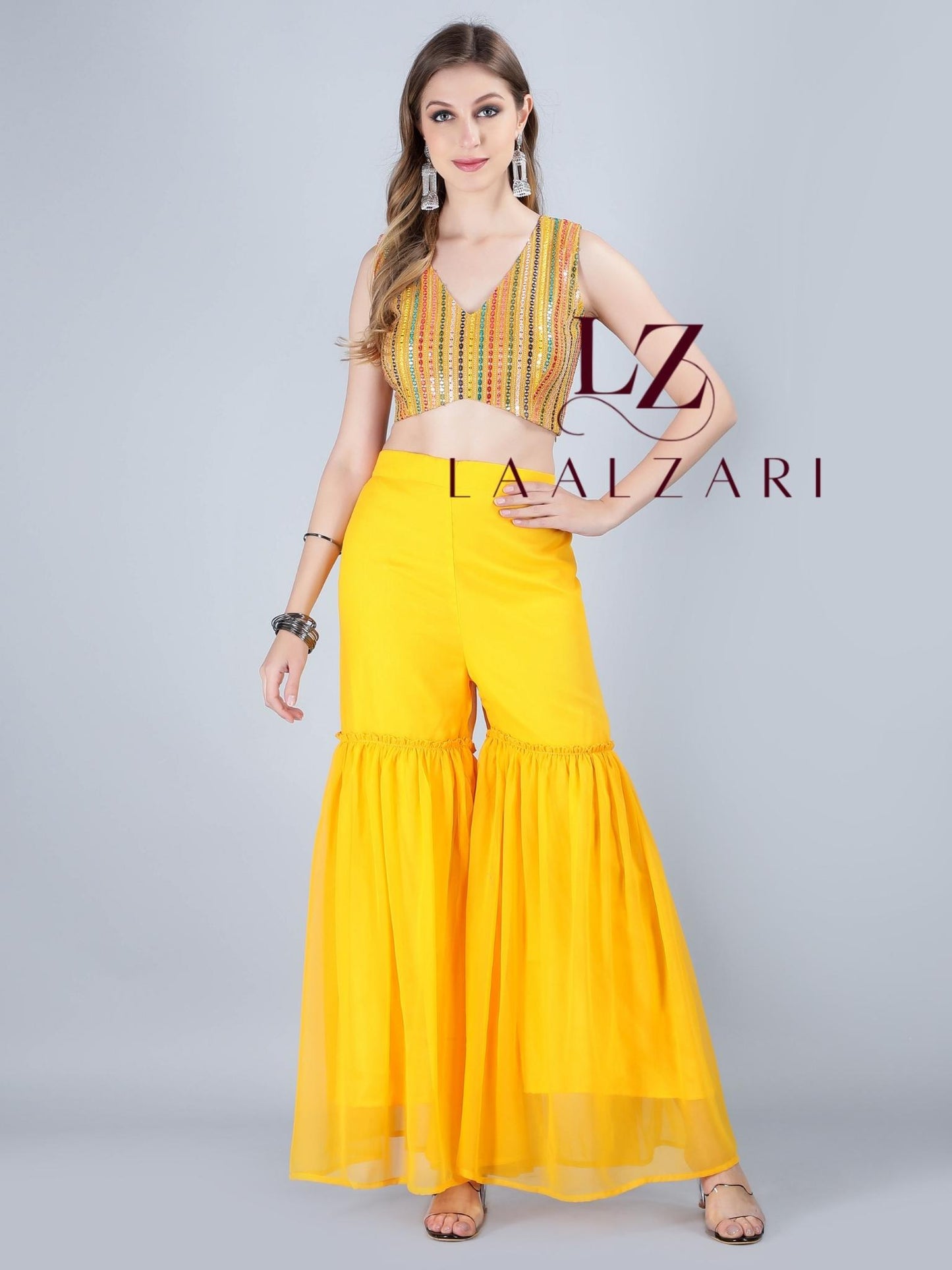 Mustard Crop Top With Sharara And Shrug
