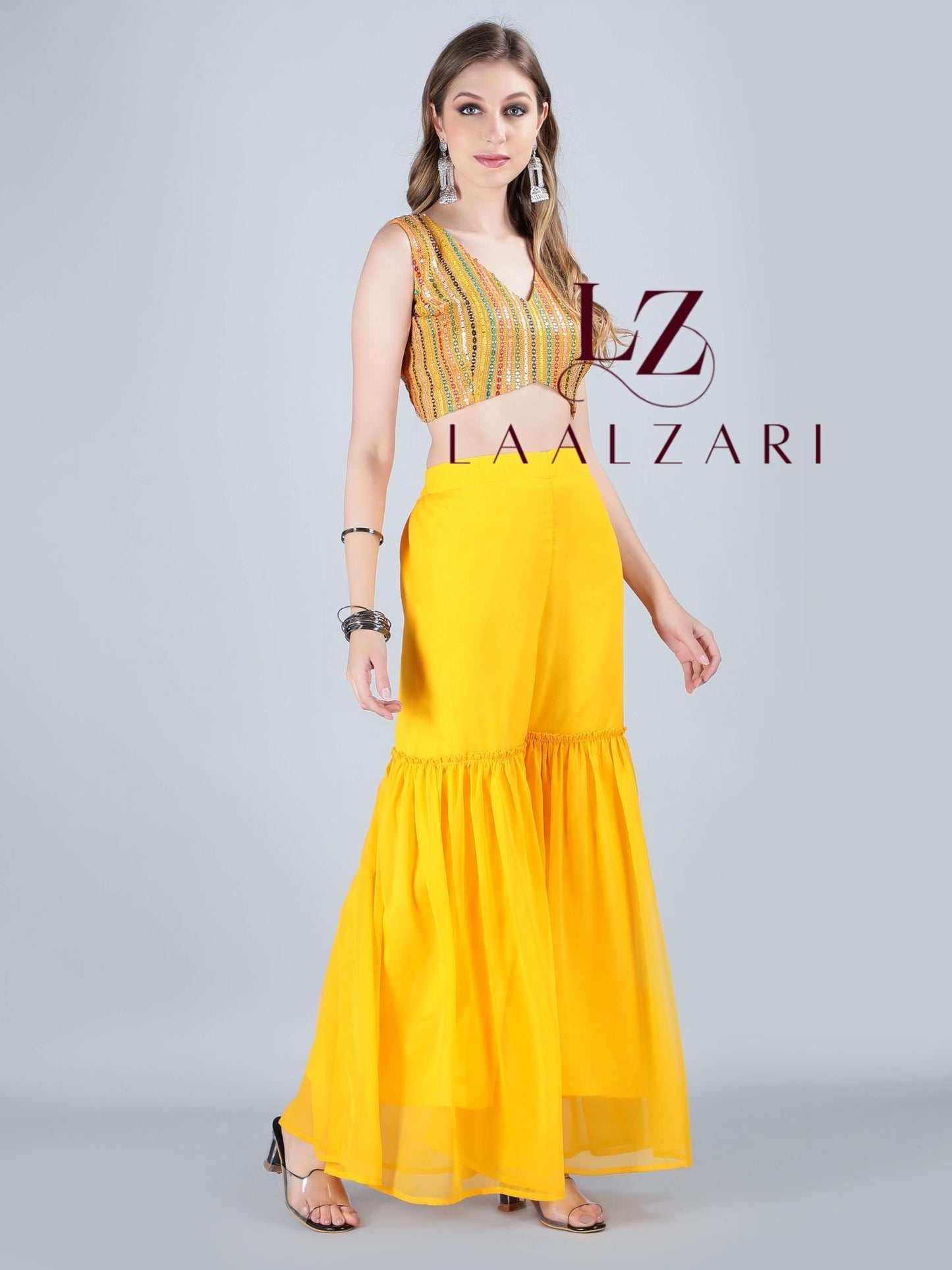 Mustard Crop Top With Sharara And Shrug