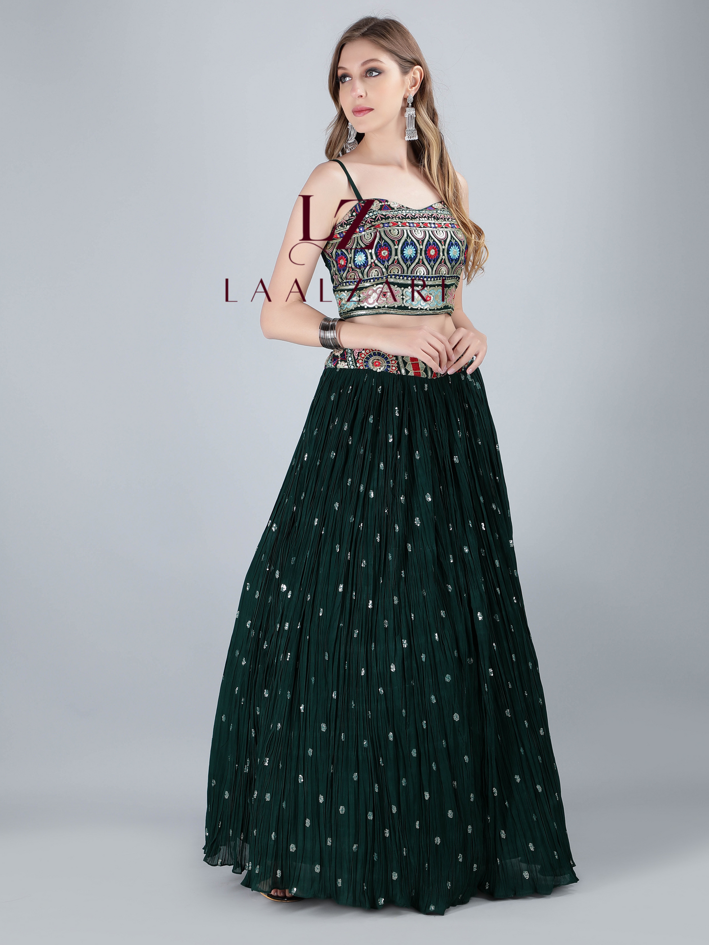 Dark Green crop top- skirt with jacket