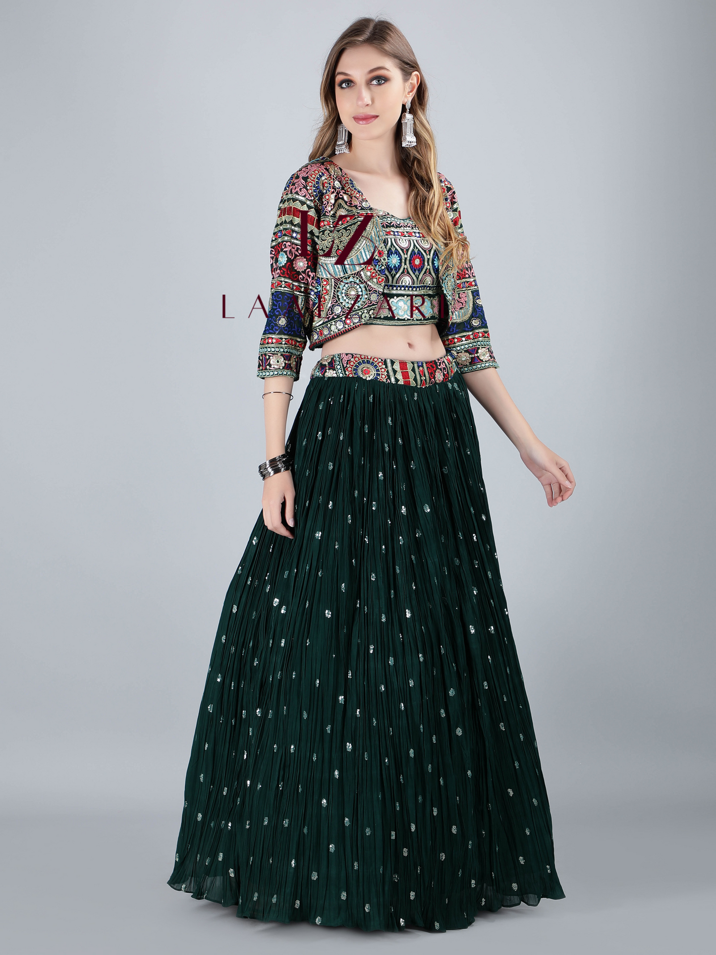 Dark Green crop top- skirt with jacket