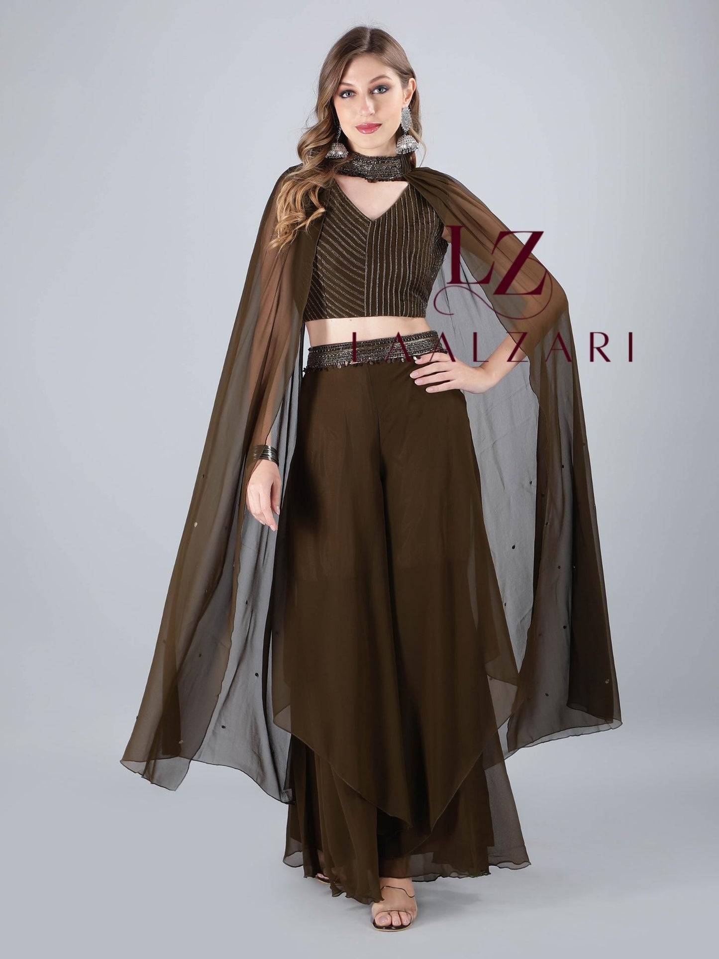 Henna Green Indo Western Crop Top With Palazo