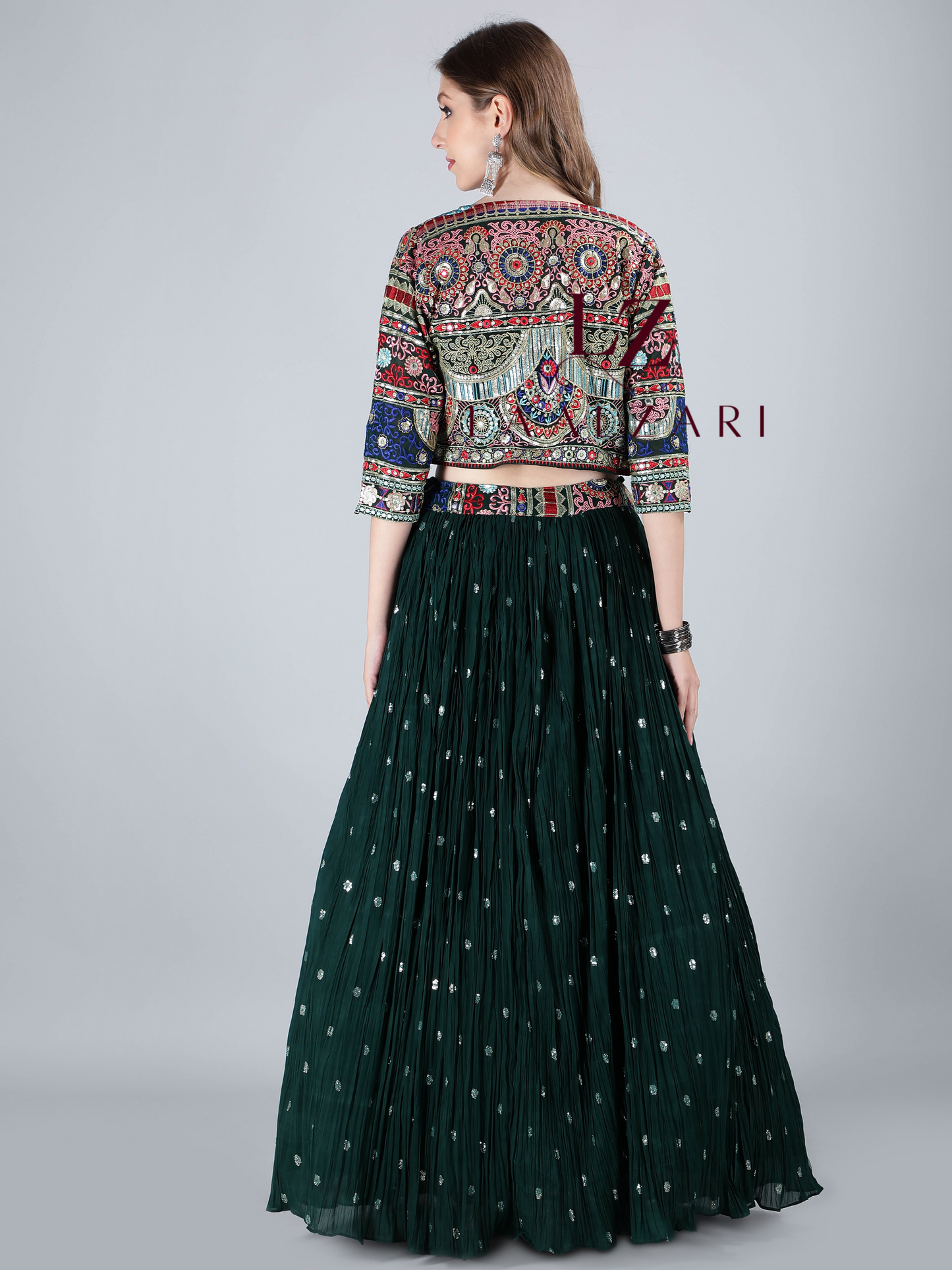 Dark Green crop top- skirt with jacket