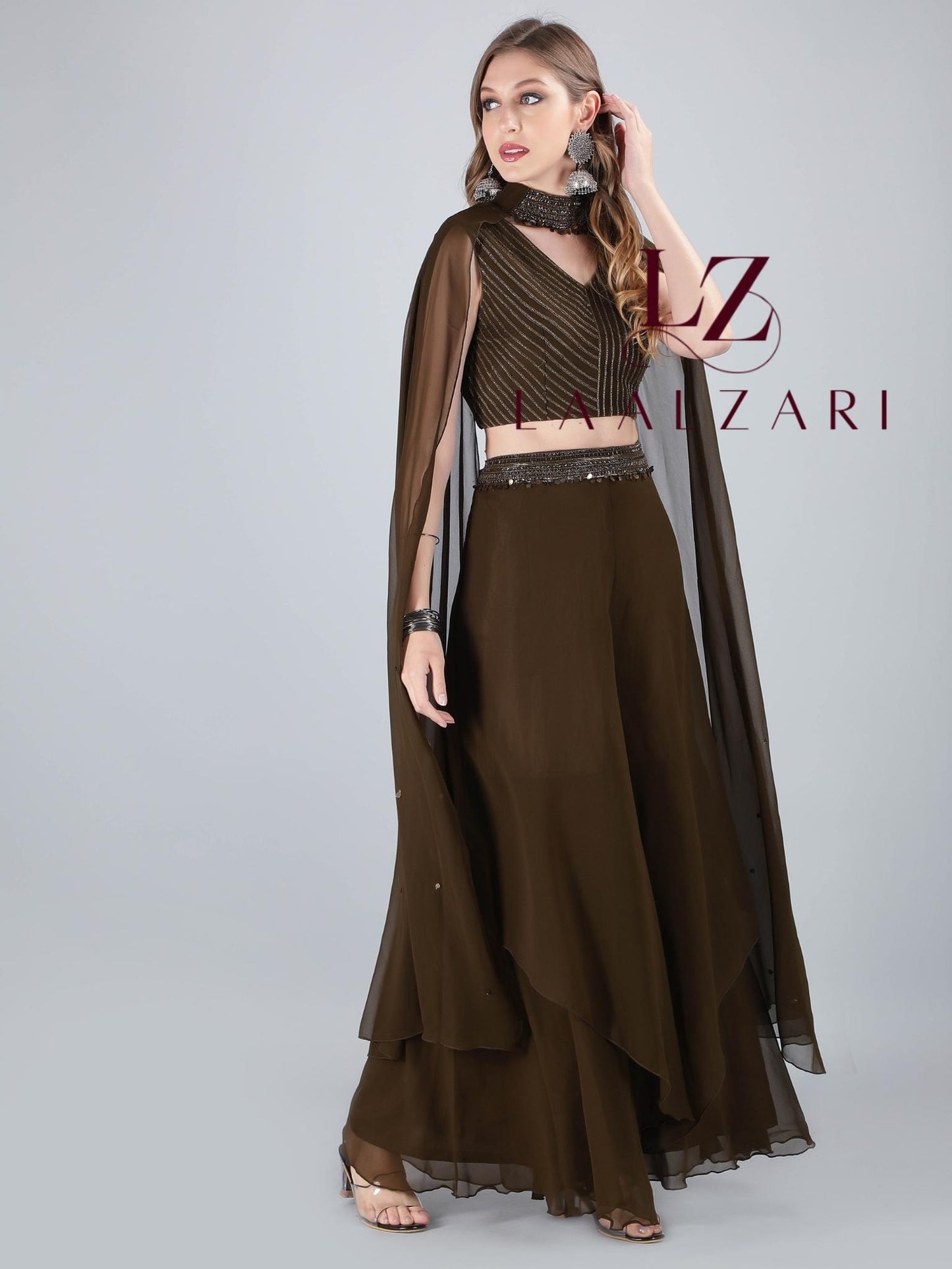 Henna Green Indo Western Crop Top With Palazo