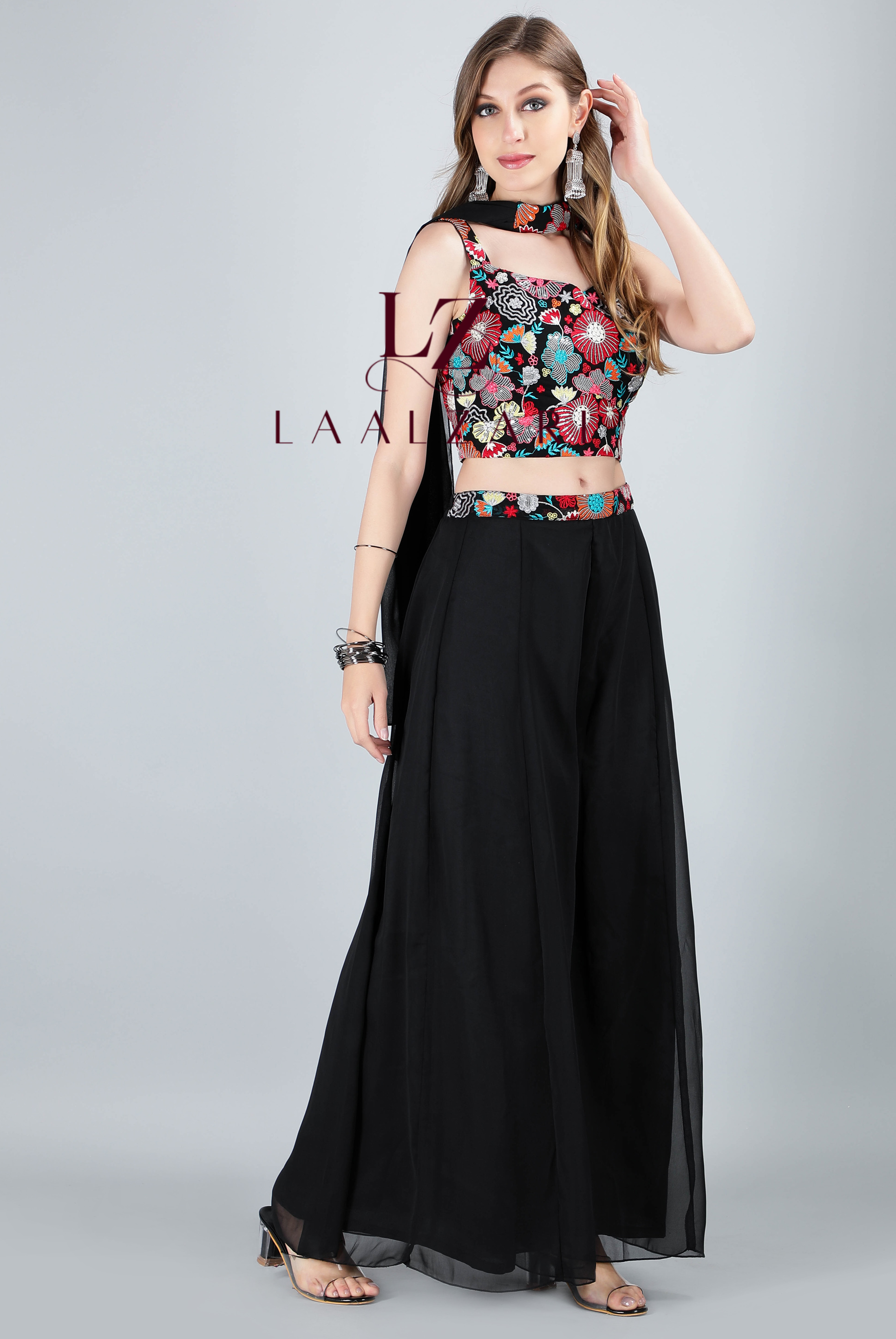 Laalzari black georgette crop top with floral embroidery and sharara pants for women — full-length view