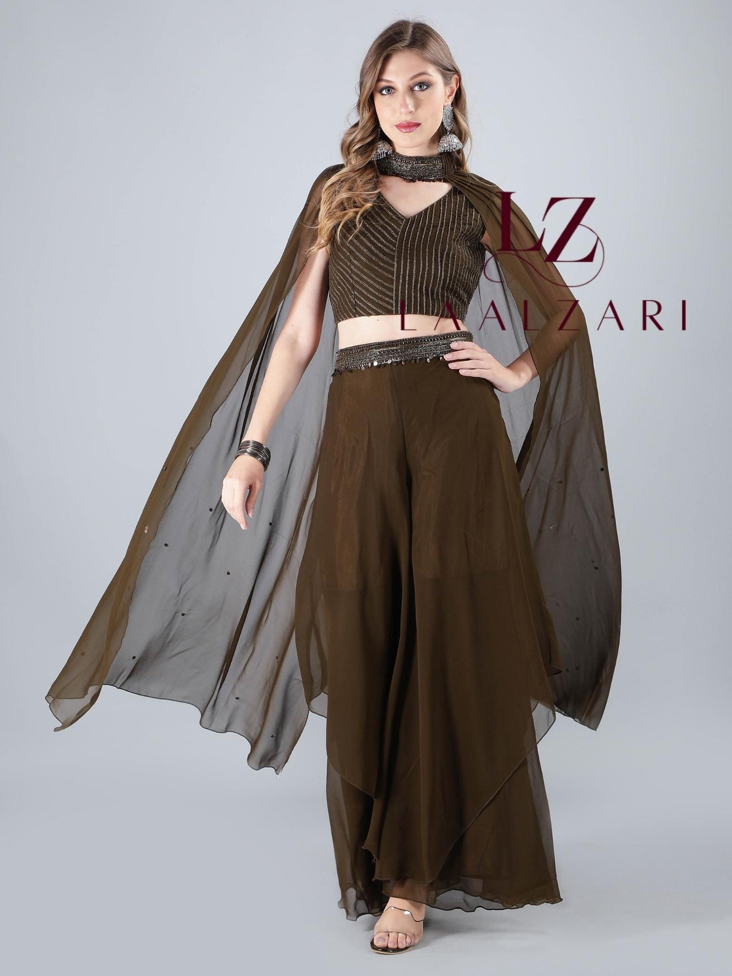 Henna Green Indo Western Crop Top With Palazo
