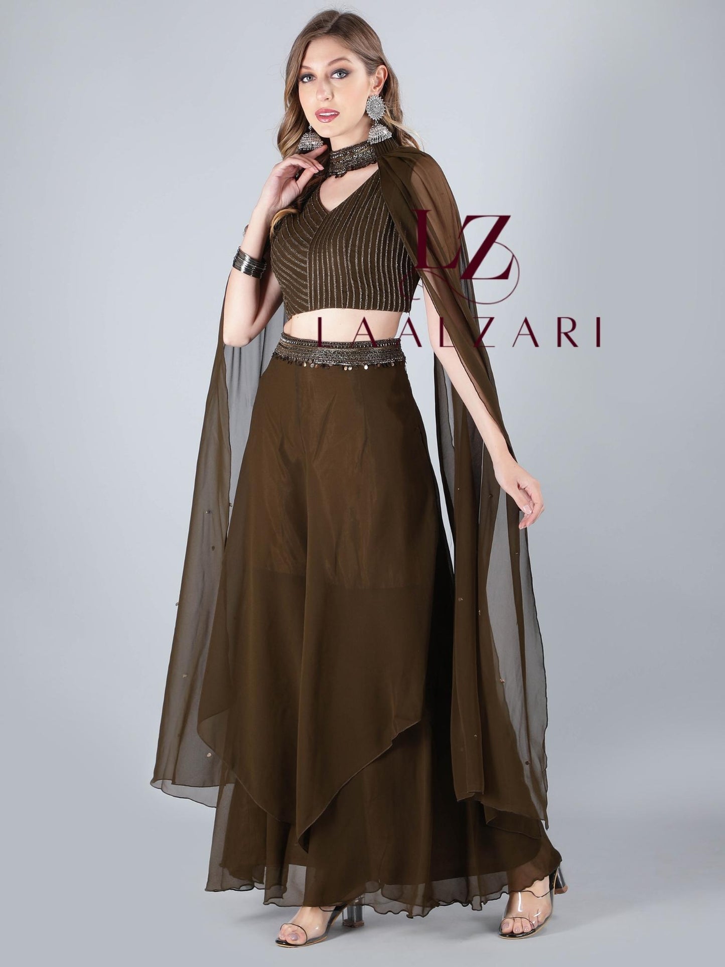 Henna Green Indo Western Crop Top With Palazo