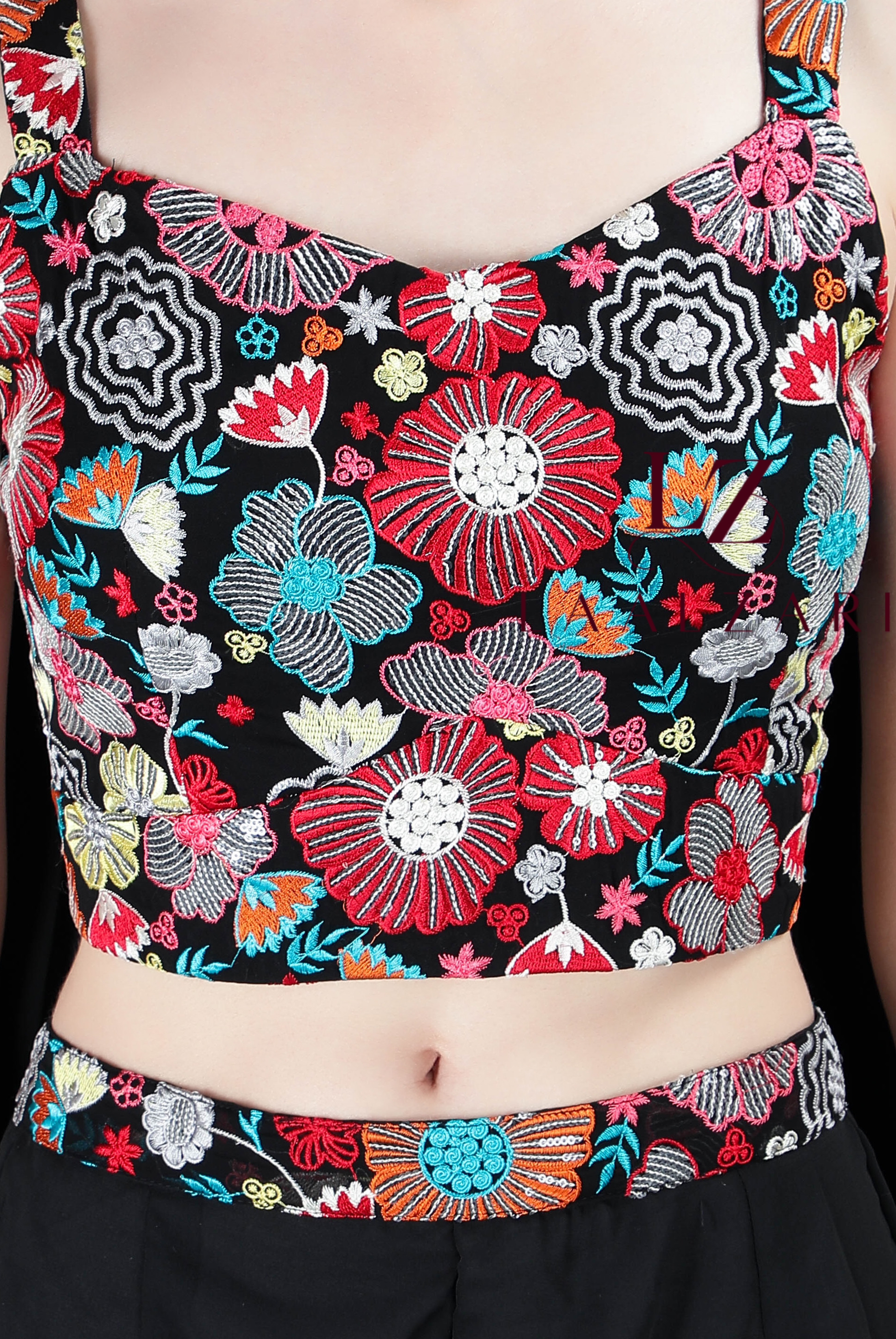 Laalzari black georgette crop top with floral embroidery and sharara pants for women — side view