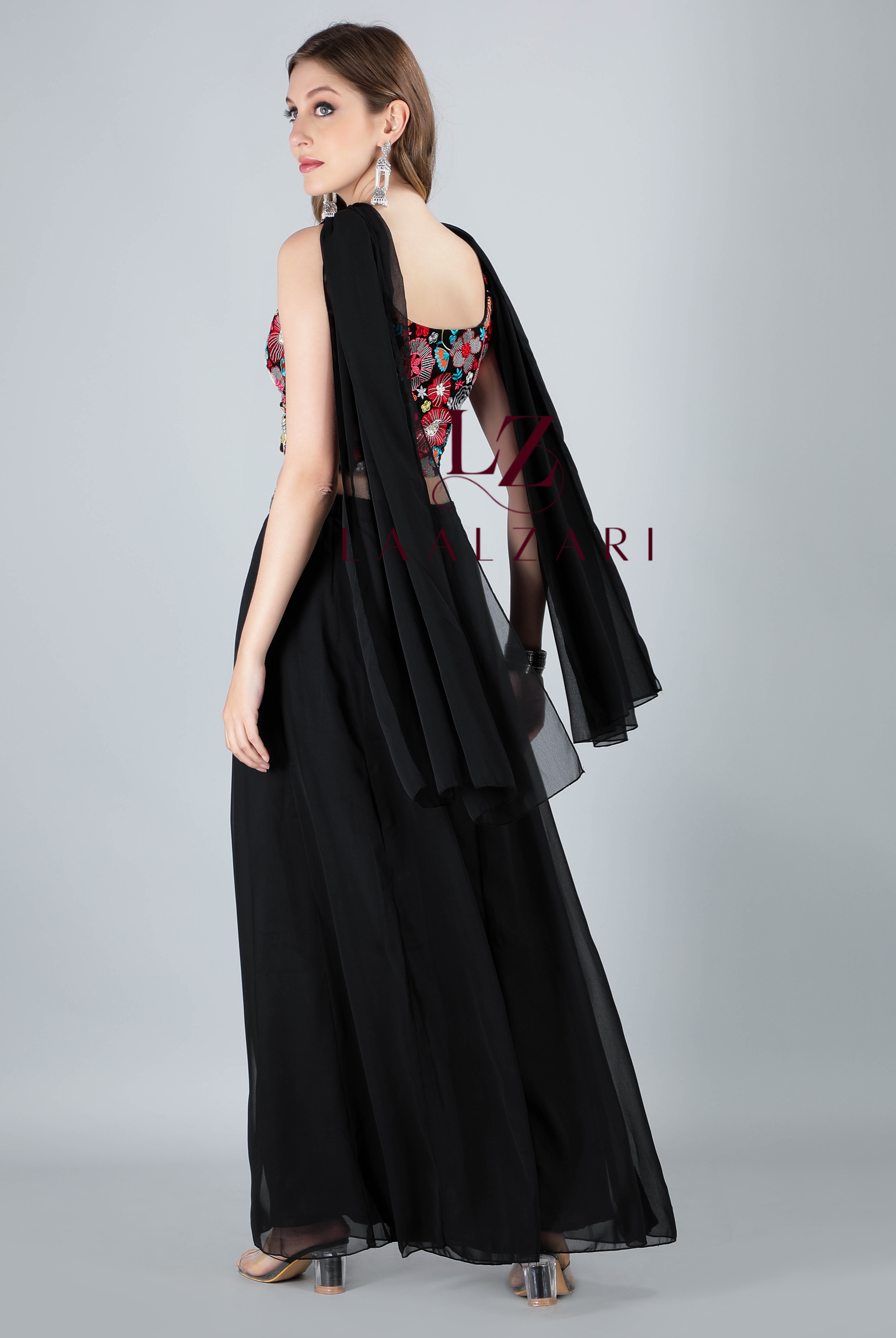 Laalzari black georgette crop top with floral embroidery and sharara pants for women — embroidery detail