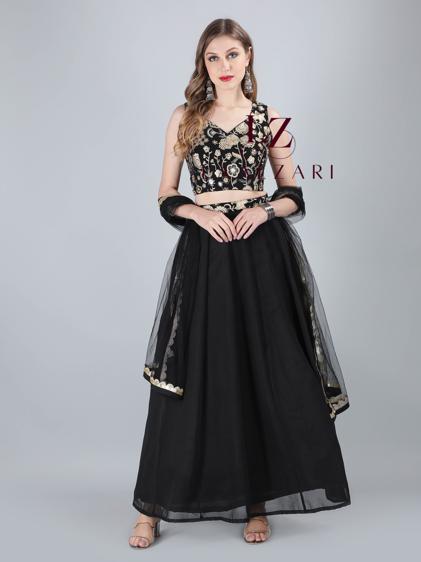 Kohl Black crop top skirt with net duppata