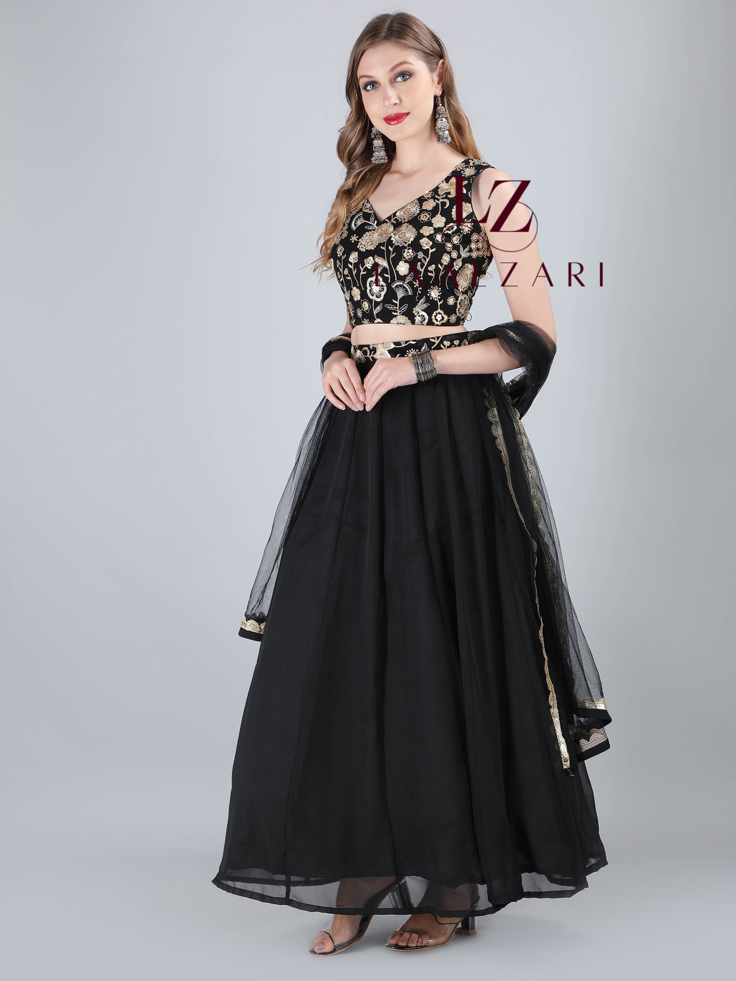 Kohl Black crop top skirt with net duppata