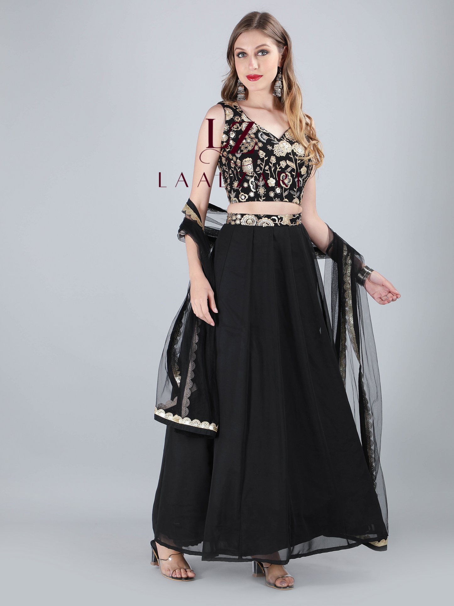 Kohl Black crop top skirt with net duppata