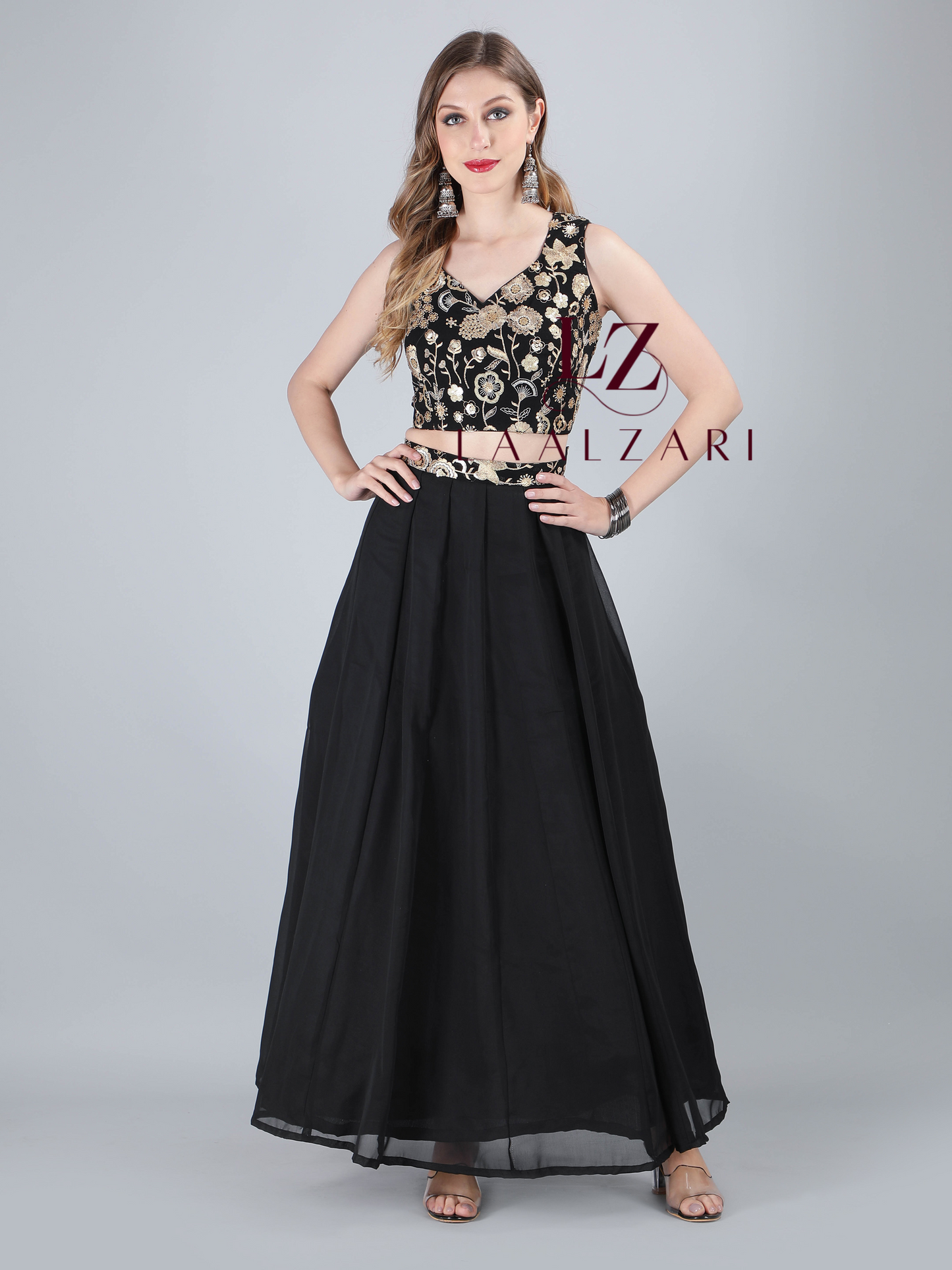 Kohl Black crop top skirt with net duppata