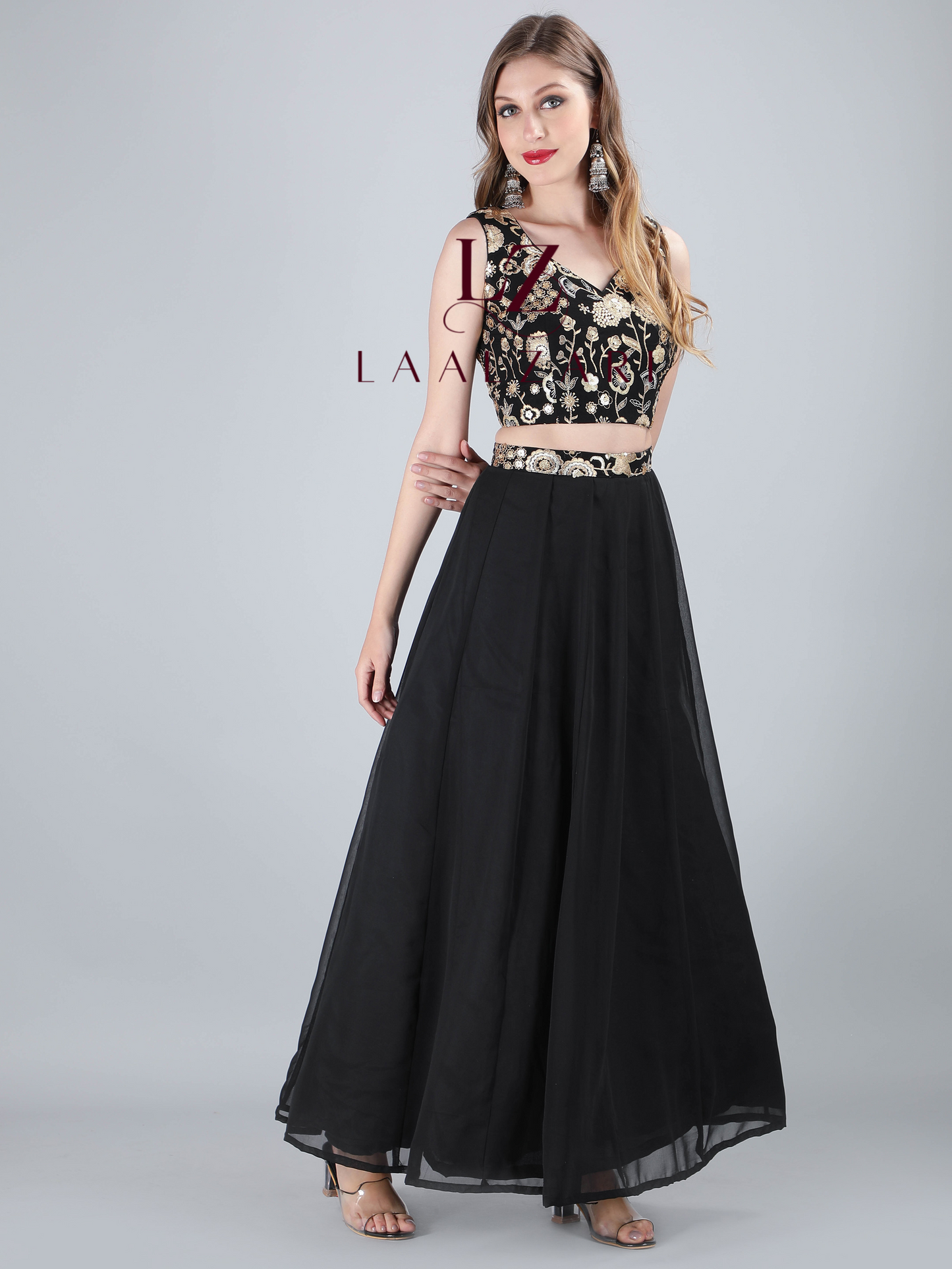 Kohl Black crop top skirt with net duppata