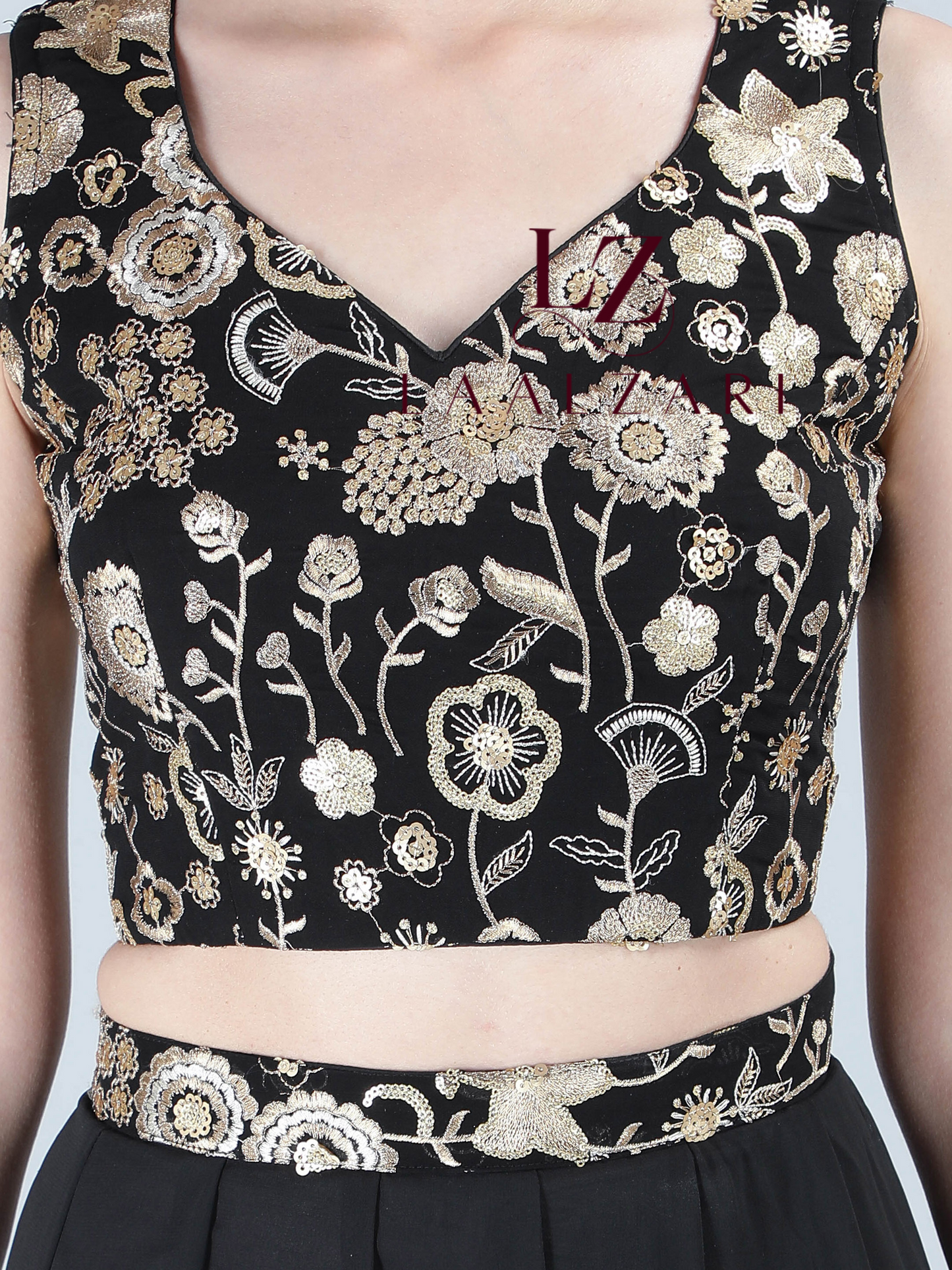 Kohl Black crop top skirt with net duppata
