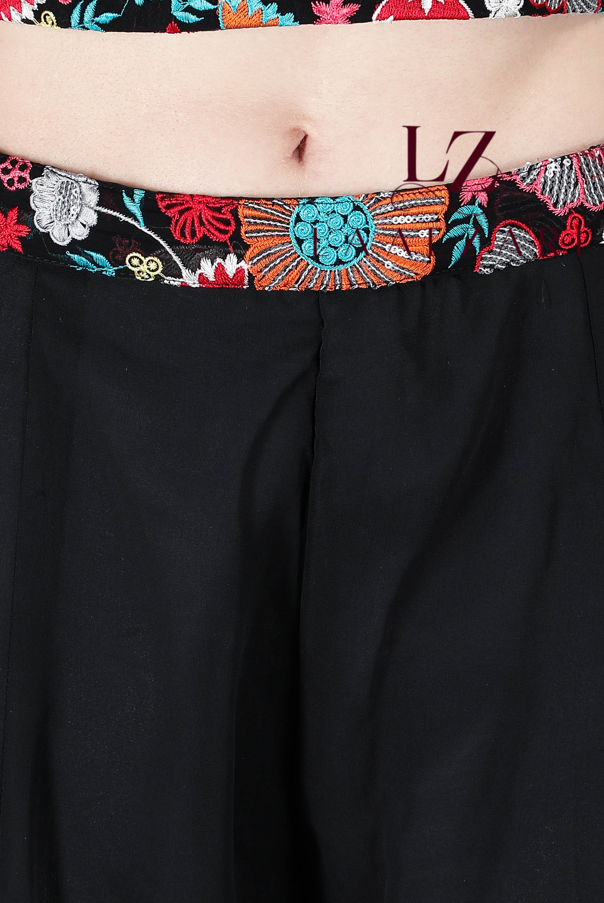 Laalzari black georgette crop top with floral embroidery and sharara pants for women — dupatta detail