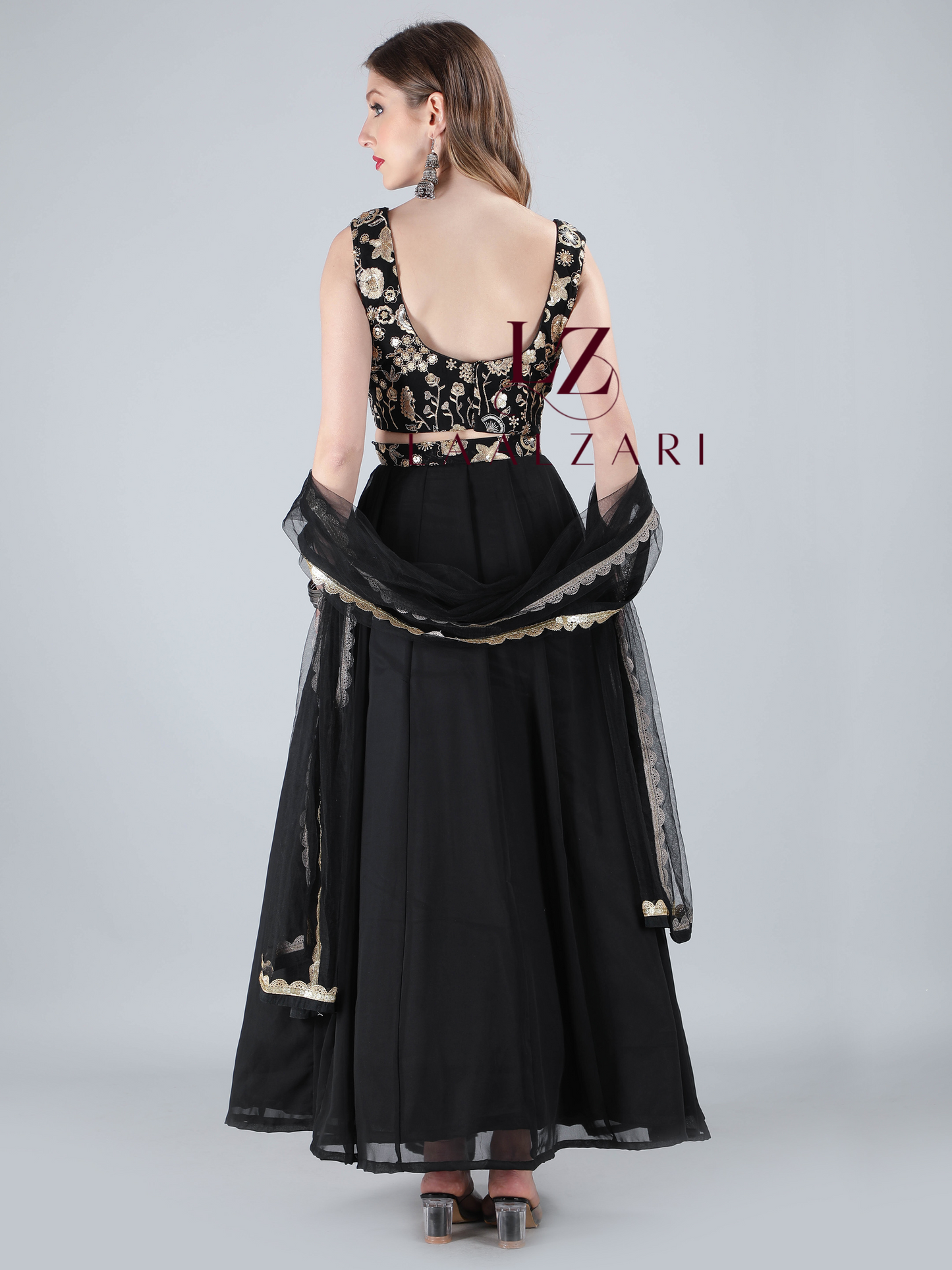 Kohl Black crop top skirt with net duppata