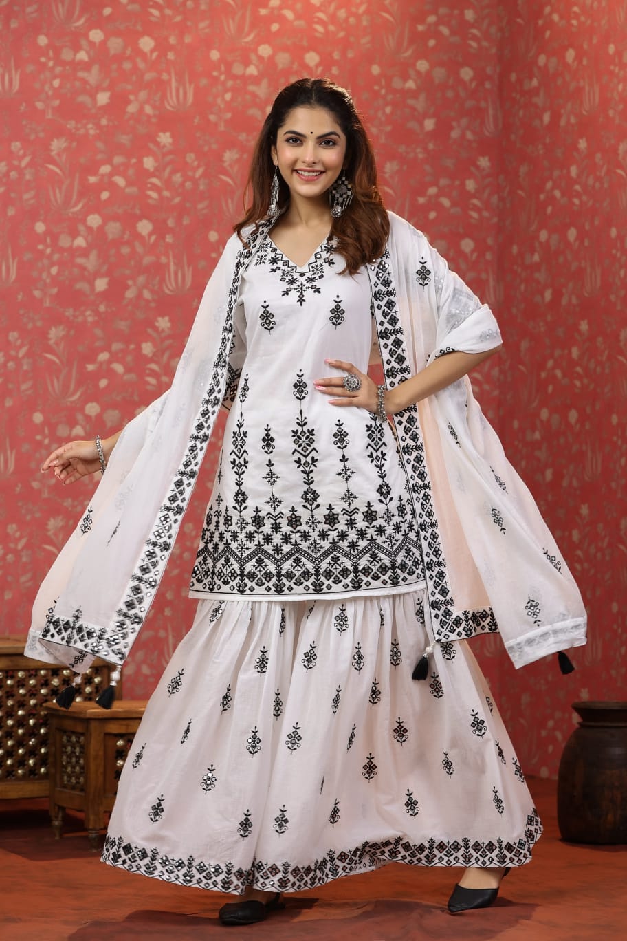 Black and White Sharara Cotton Suit