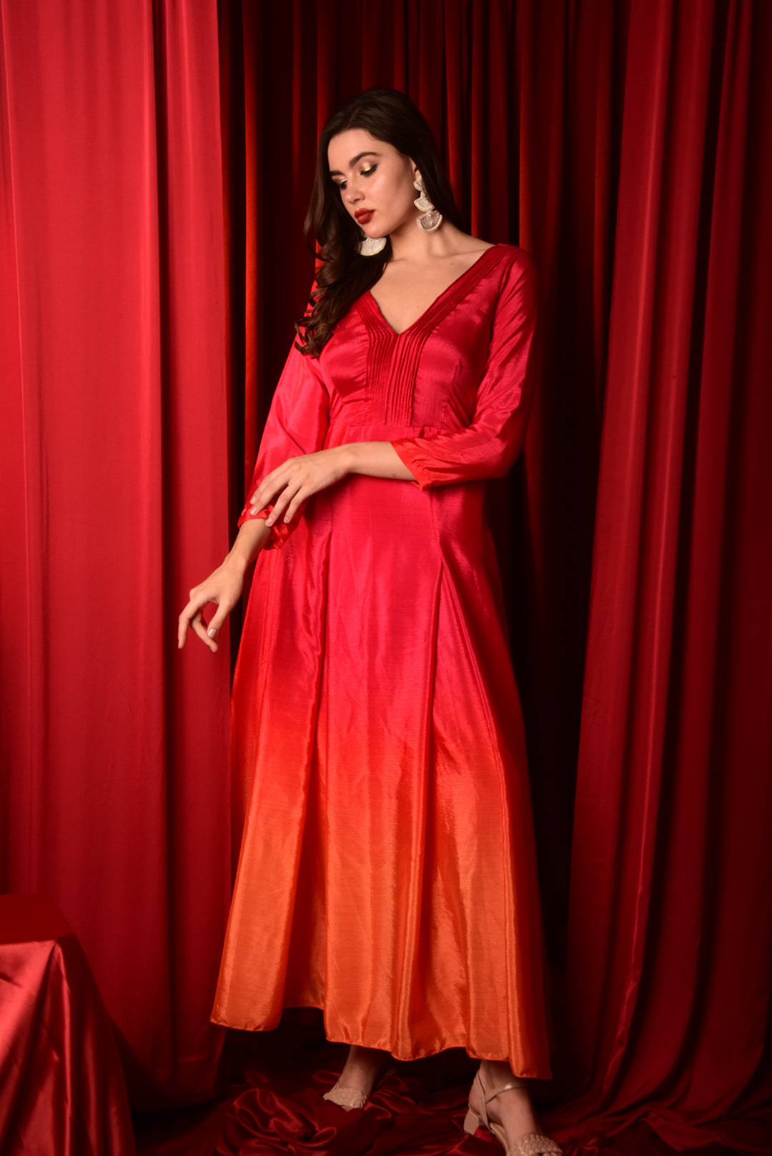 Pink Orange Ombre Flared Gown