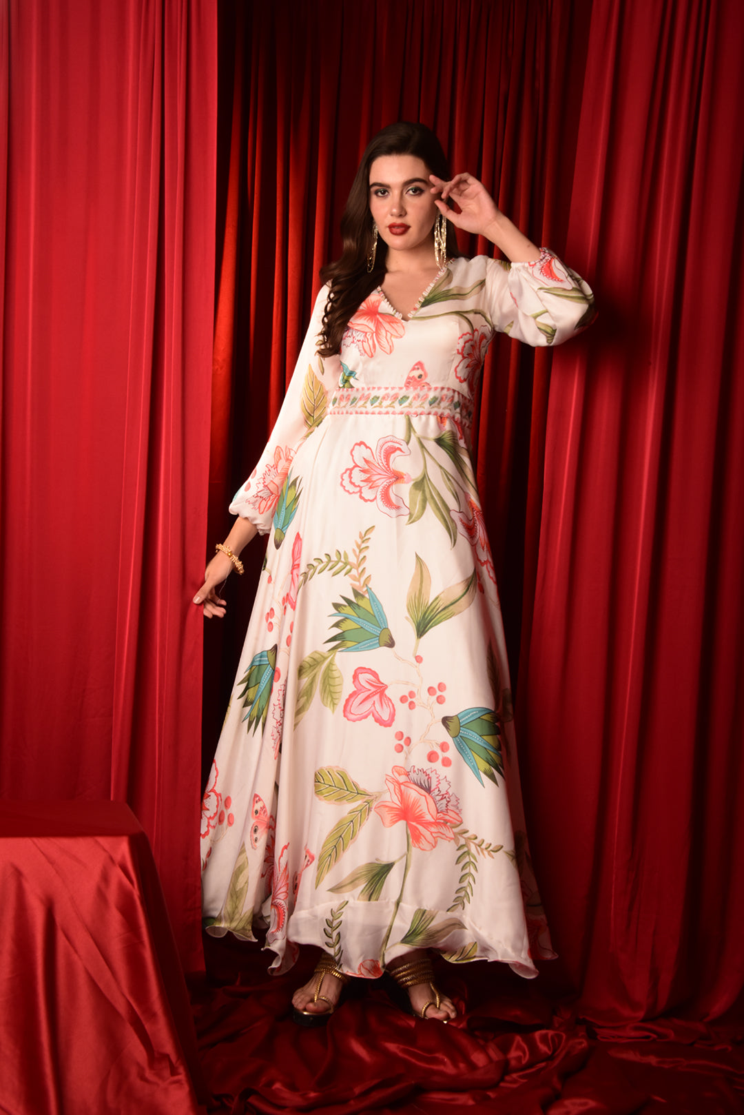 WHITE SILK FINISH FLORAL PRINTED GOWN