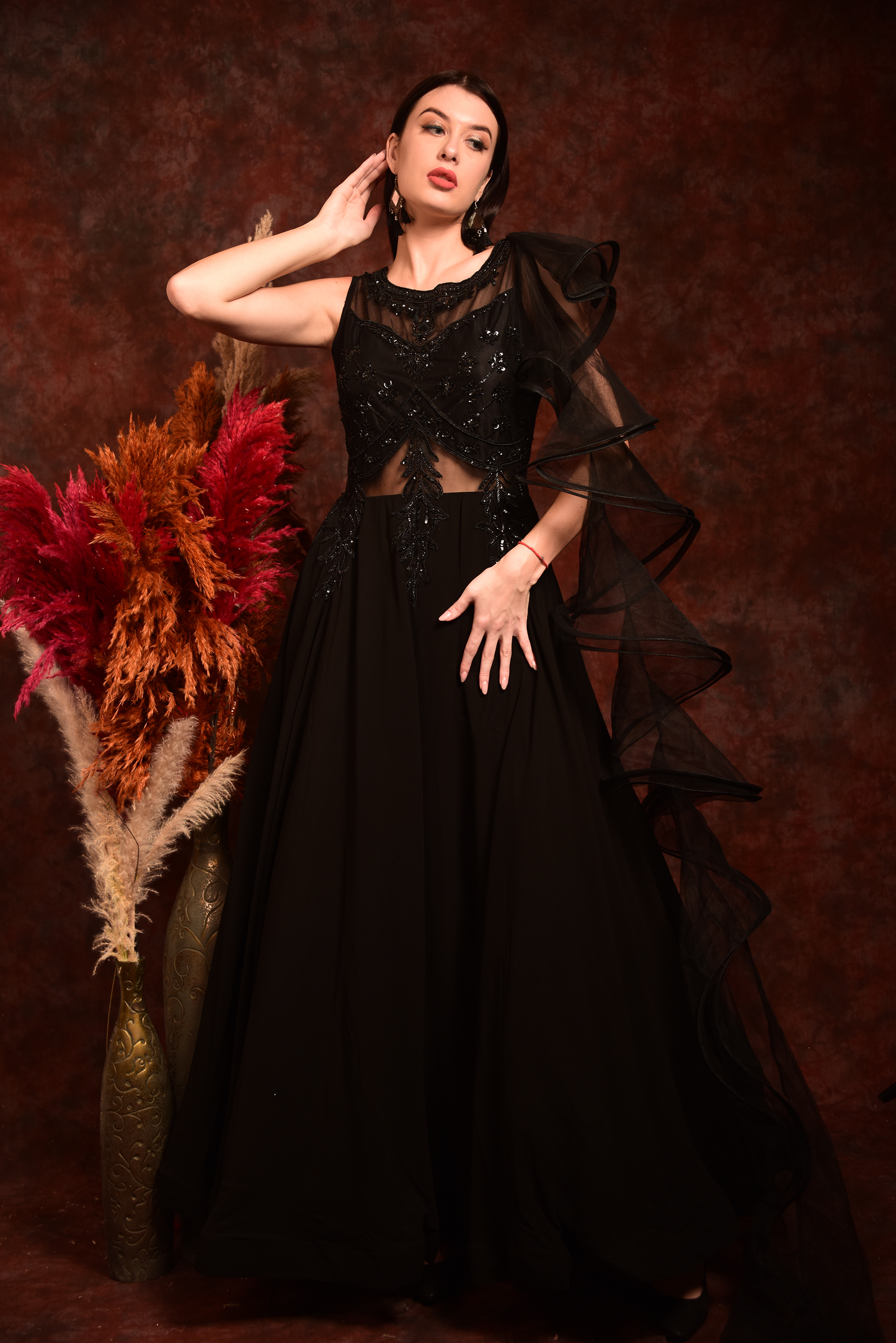 Black Gown With One Side Ruffle Sleeves
