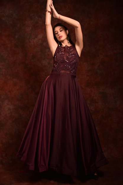 Embroidered Wine Gown