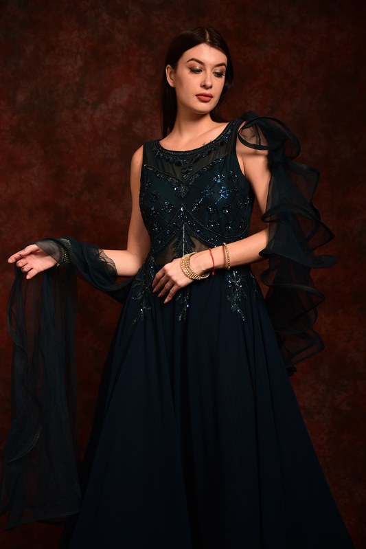 Blue Gown With One Side Ruffle Sleeves