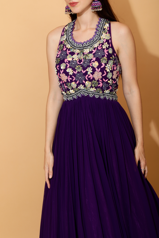 Purple hand embroidered gown