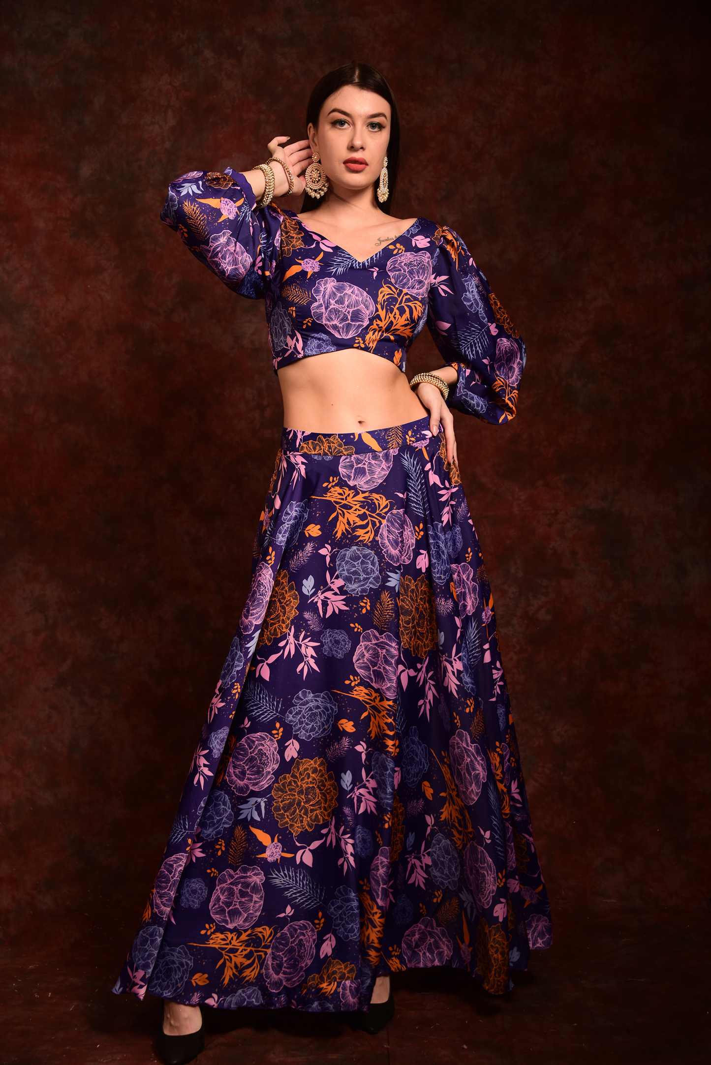 Purple Anarkali Floral Top & Skirt