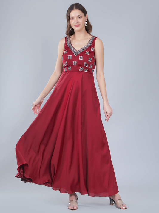 Cherry red hand embroidered gown