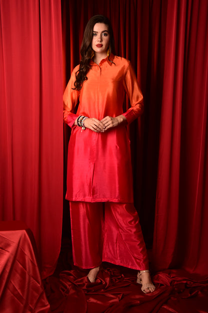 ORANGE PINK OMBRE COLLAR NECK STRAIGHT CO-ORD SET