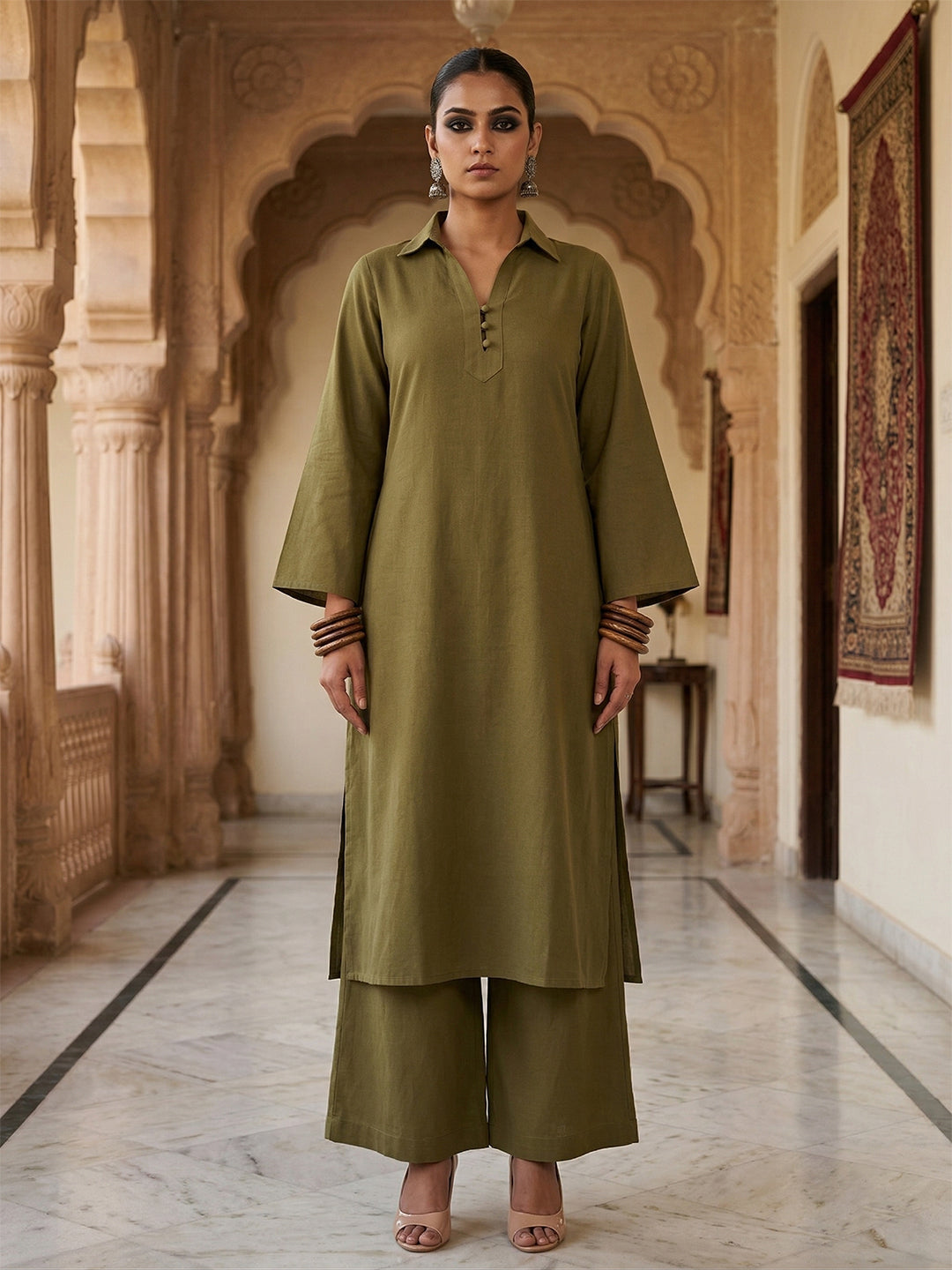 Laalzari green collar-neck linen kurta set for women — styled look