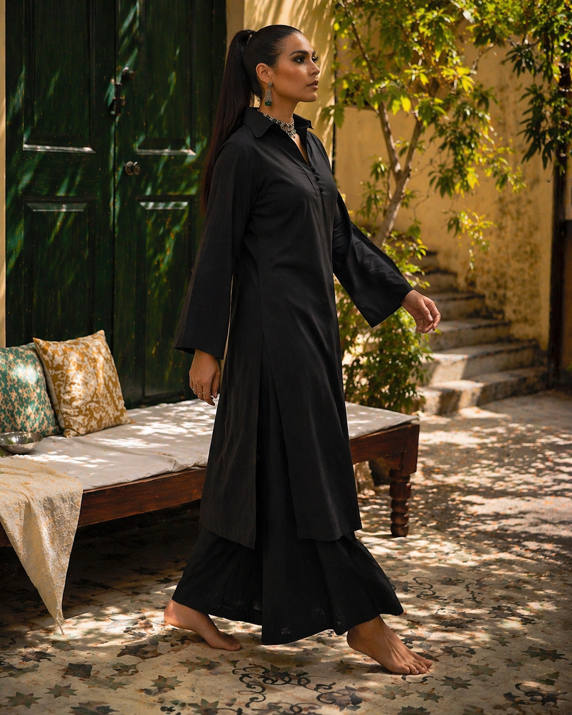 Laalzari midnight black tailored collar-neck linen kurta set for women — styled look