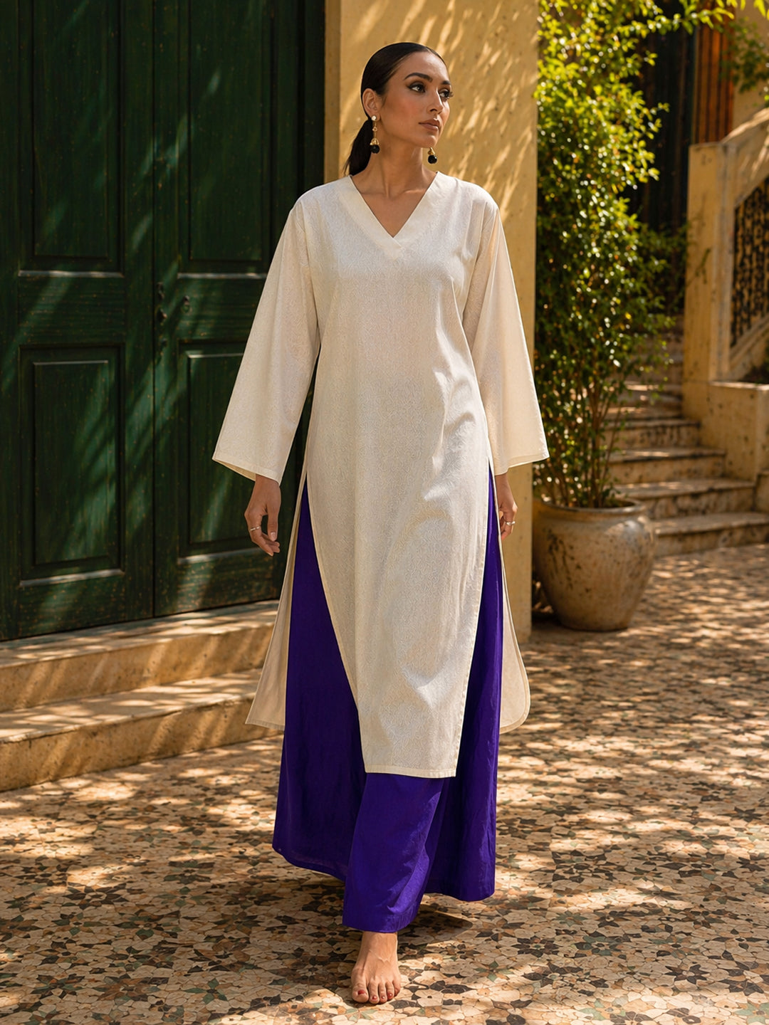 Laalzari ivory linen V-neck kurta and wide-leg palazzo co-ord set for women — styled look