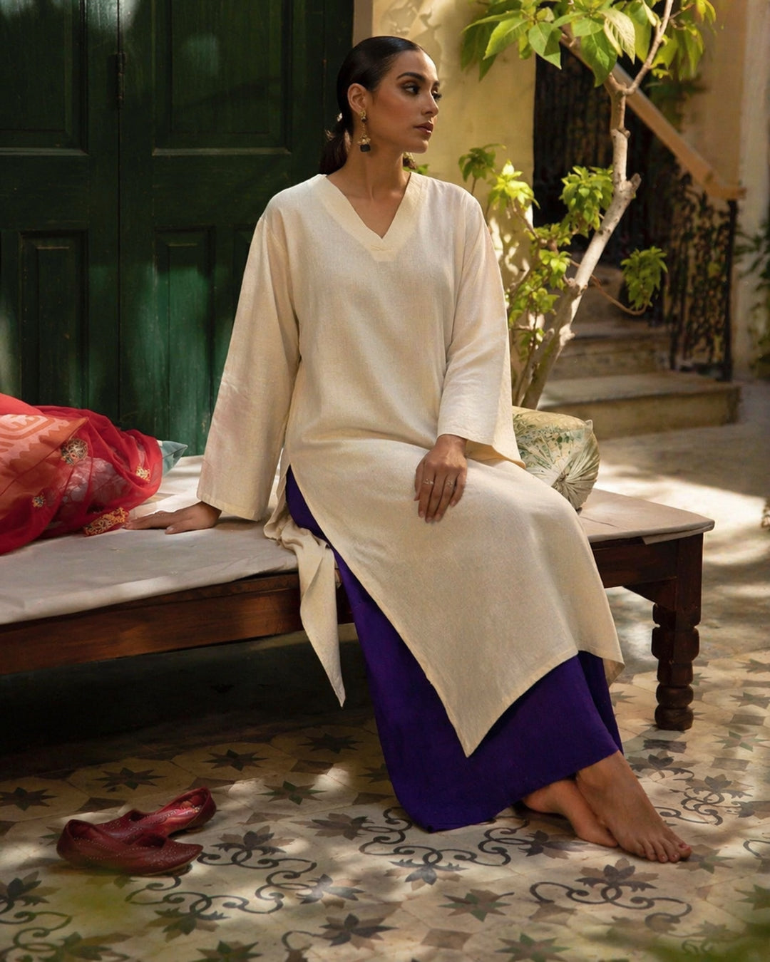 Laalzari ivory linen V-neck kurta and wide-leg palazzo co-ord set for women — full-length view