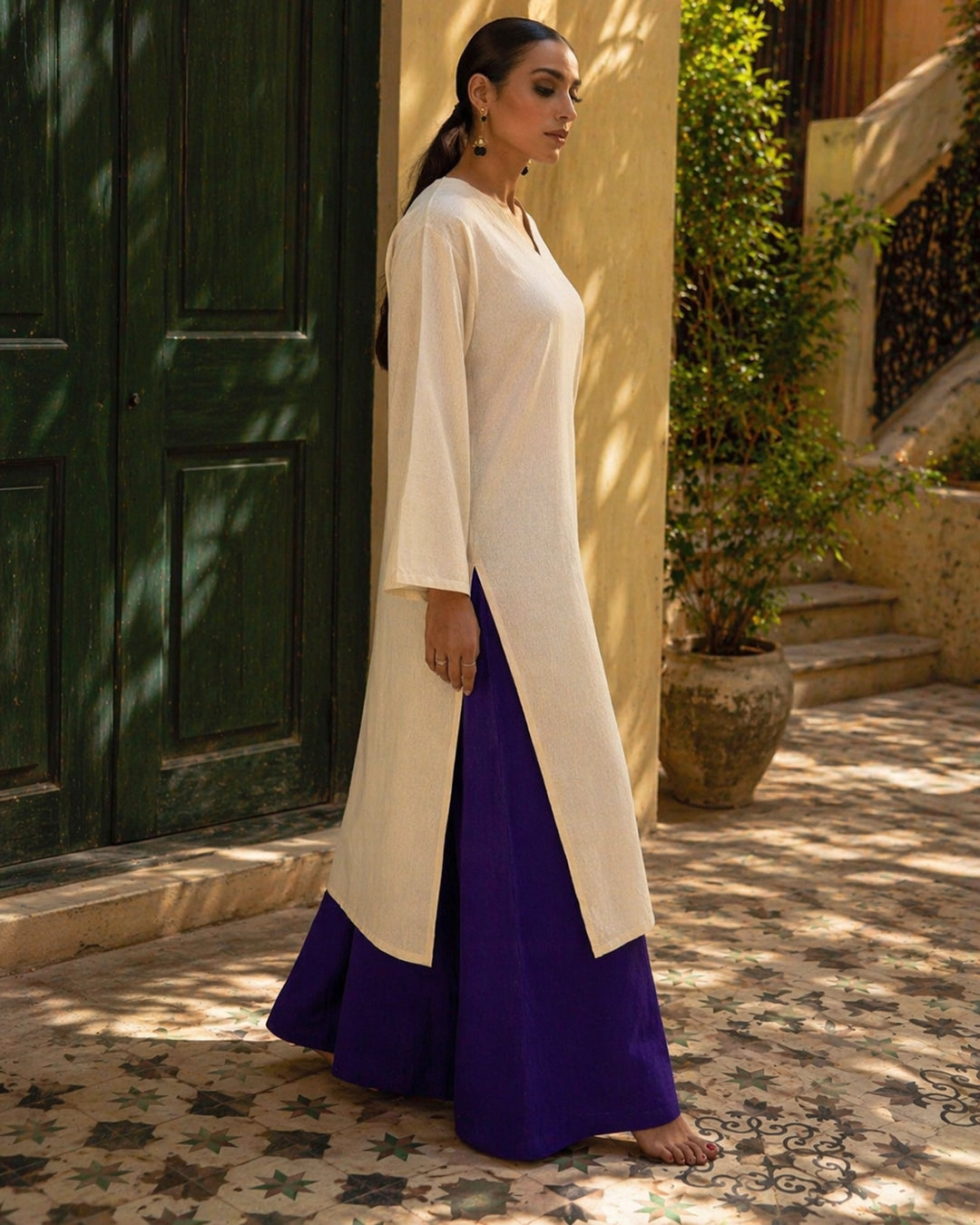Laalzari ivory linen V-neck kurta and wide-leg palazzo co-ord set for women — back view