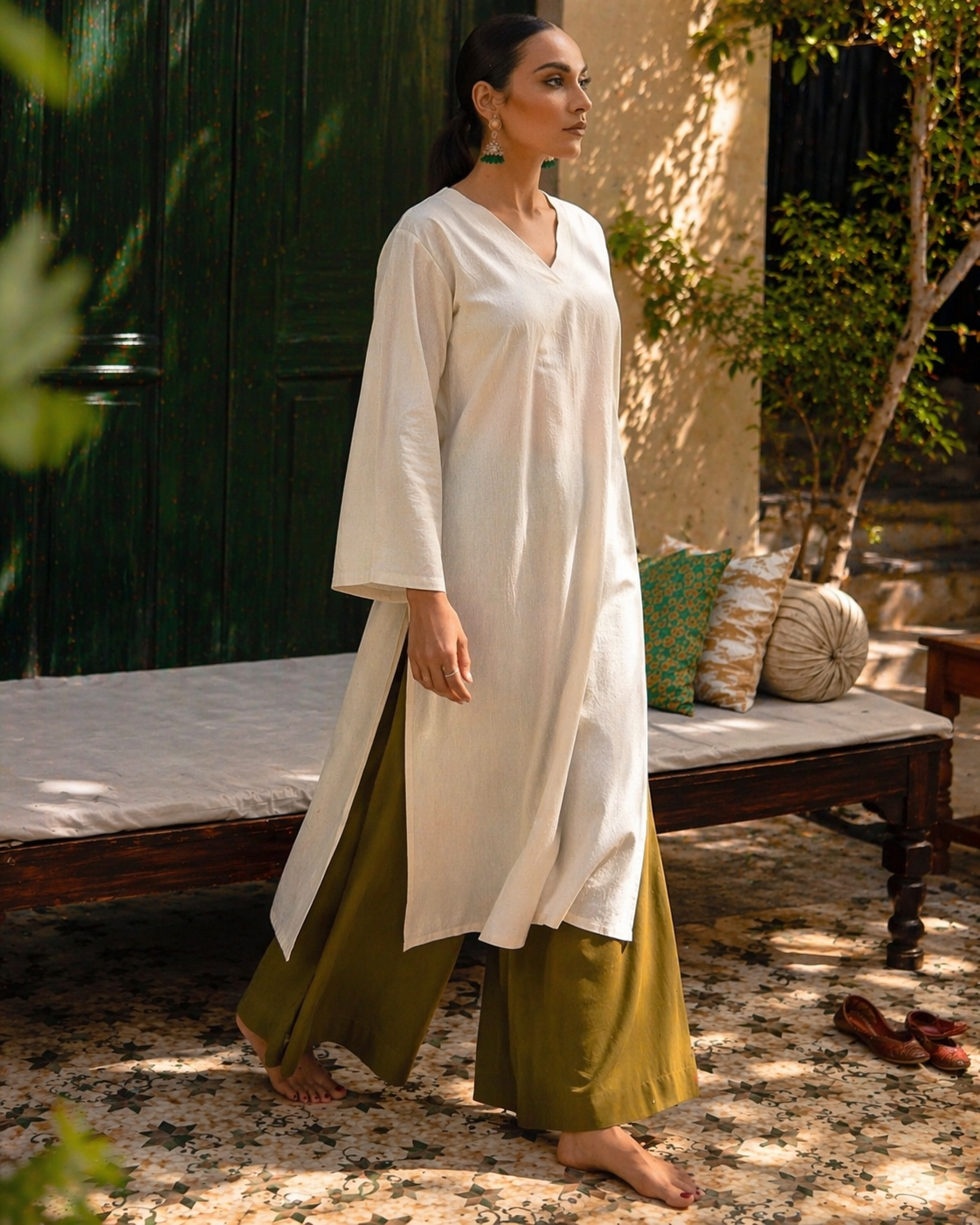 Laalzari off-white linen V-neck kurta and wide-leg palazzo co-ord set for women — styled look