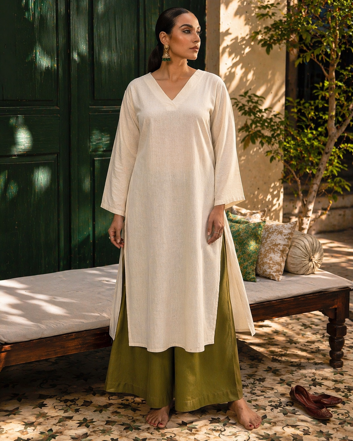 Laalzari off-white linen V-neck kurta and wide-leg palazzo co-ord set for women — full-length view