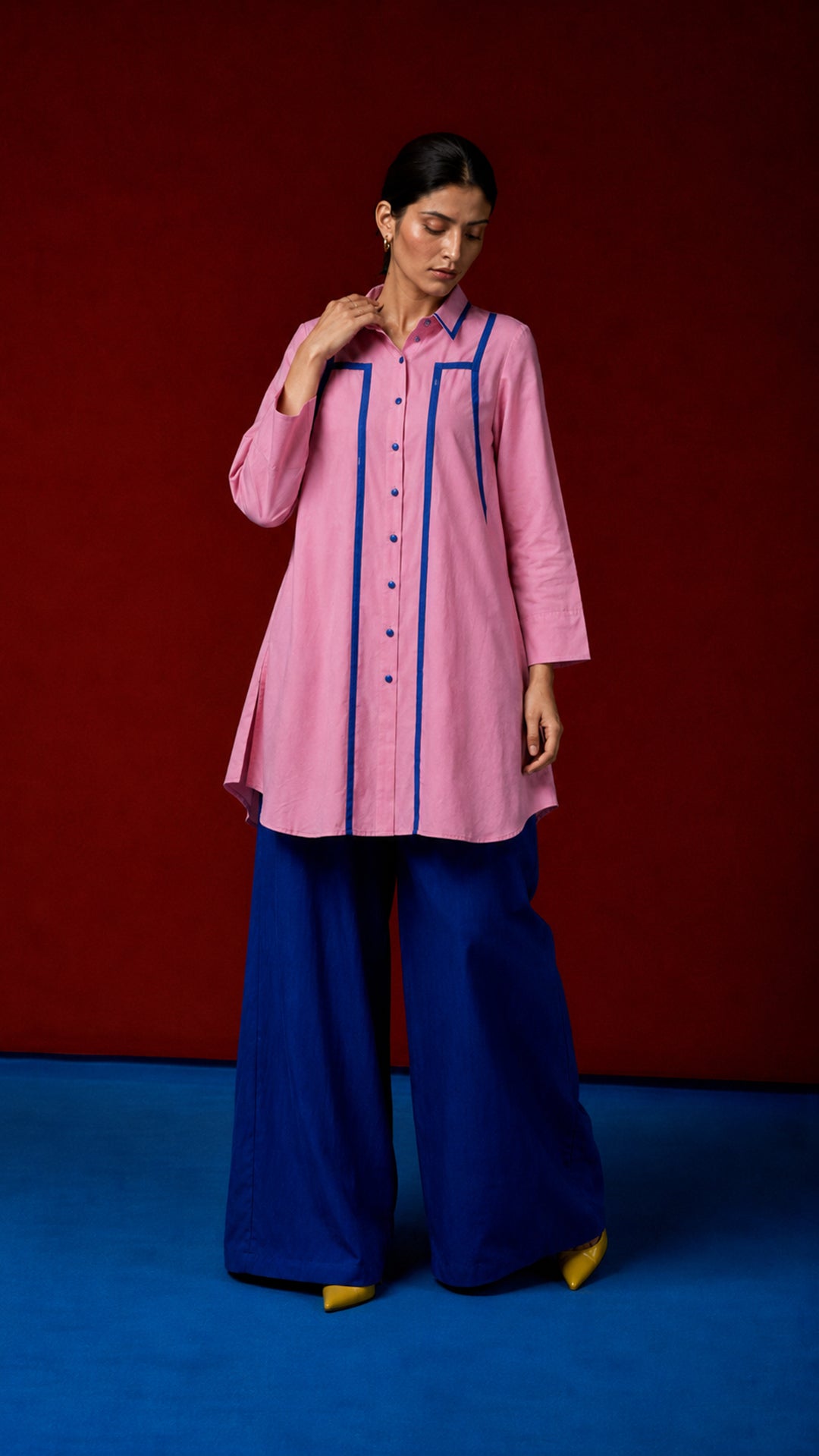Laalzari blush pink cotton shirt tunic and wide-leg palazzo co-ord set for women — back view