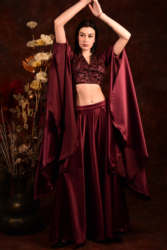 Maroonish red crop top skirt with tail sleeves