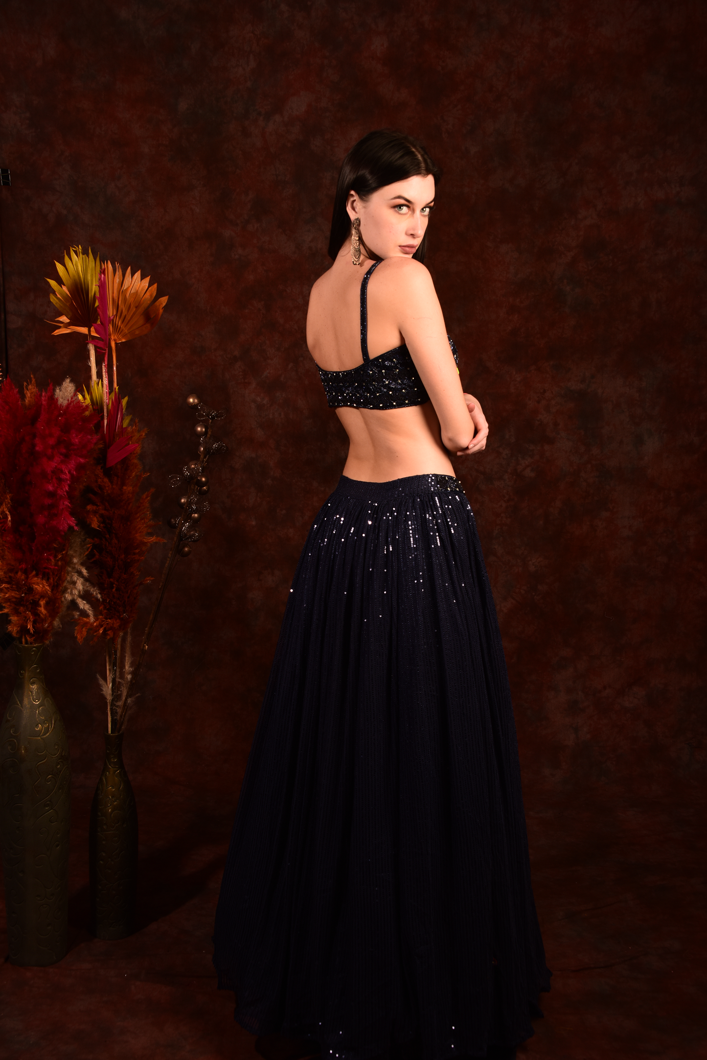 Sequence blue crop top skirt with dupatta
