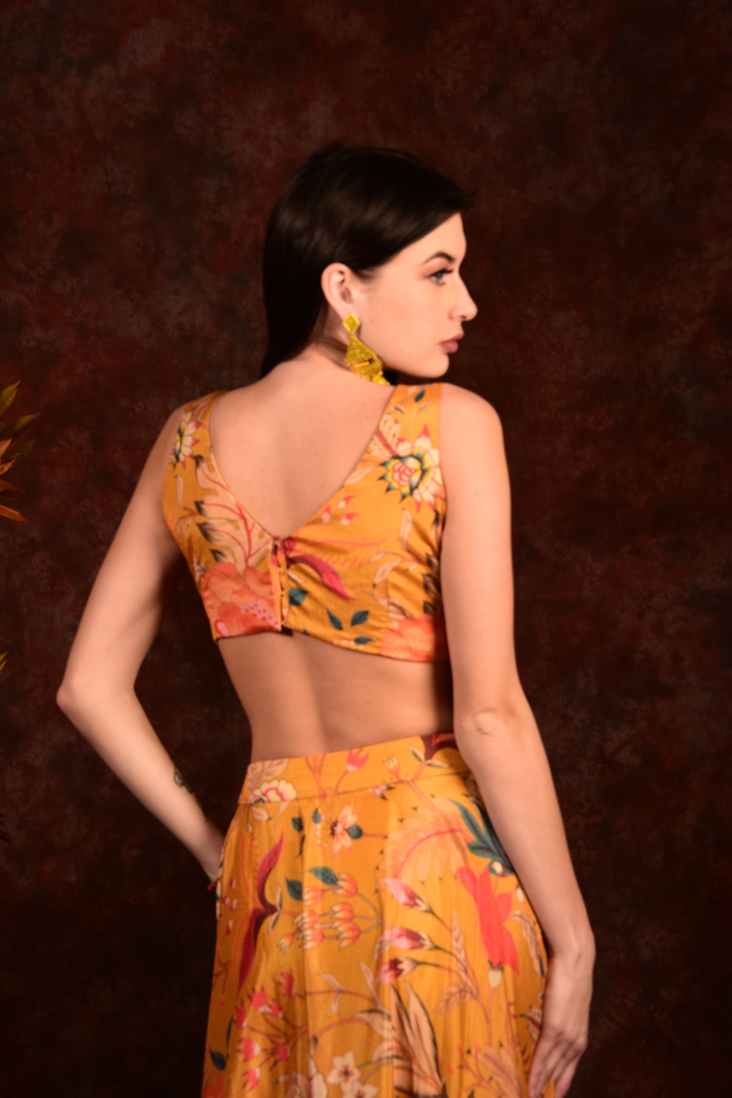MUSTARD YELLOW FLORAL CROP TOP SKIRT WITH SHRUG
