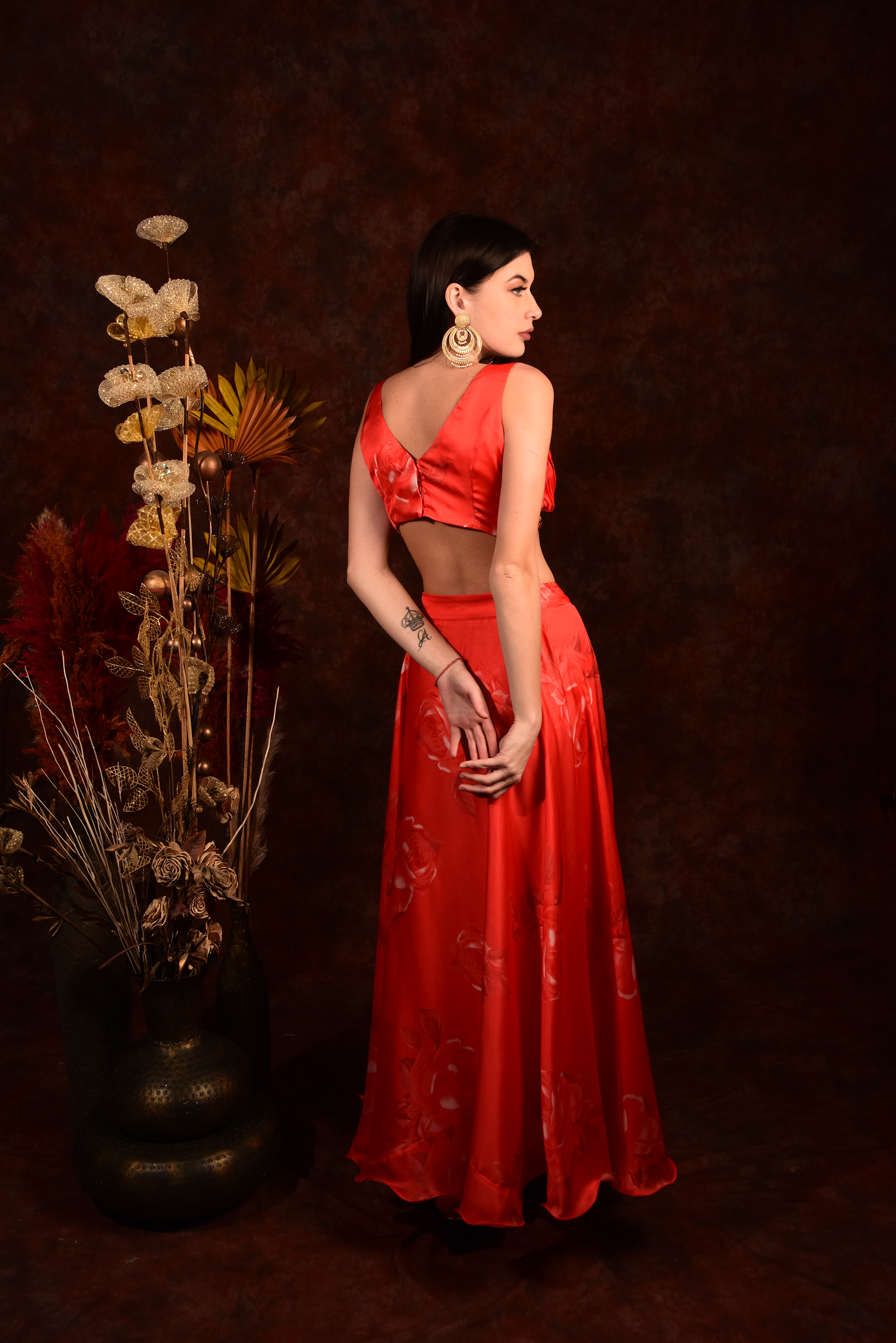 Orange floral crop top skirt with shrug Laalzari