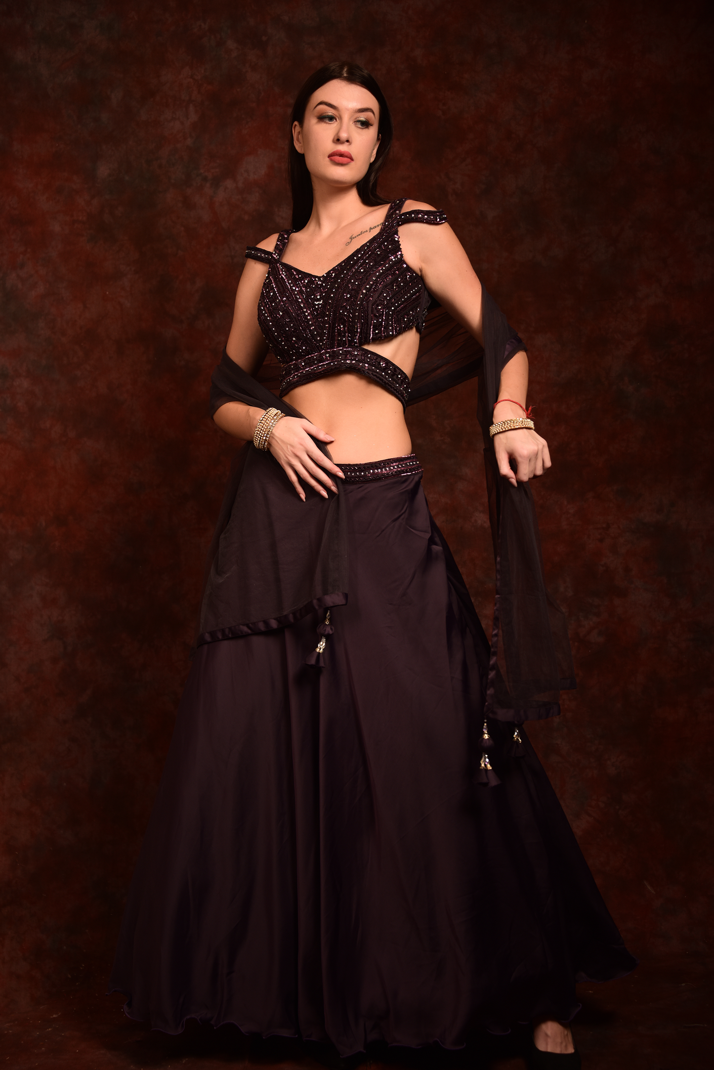 Coffee Brown Embroidered Crop-Top Skirt and Dupatta