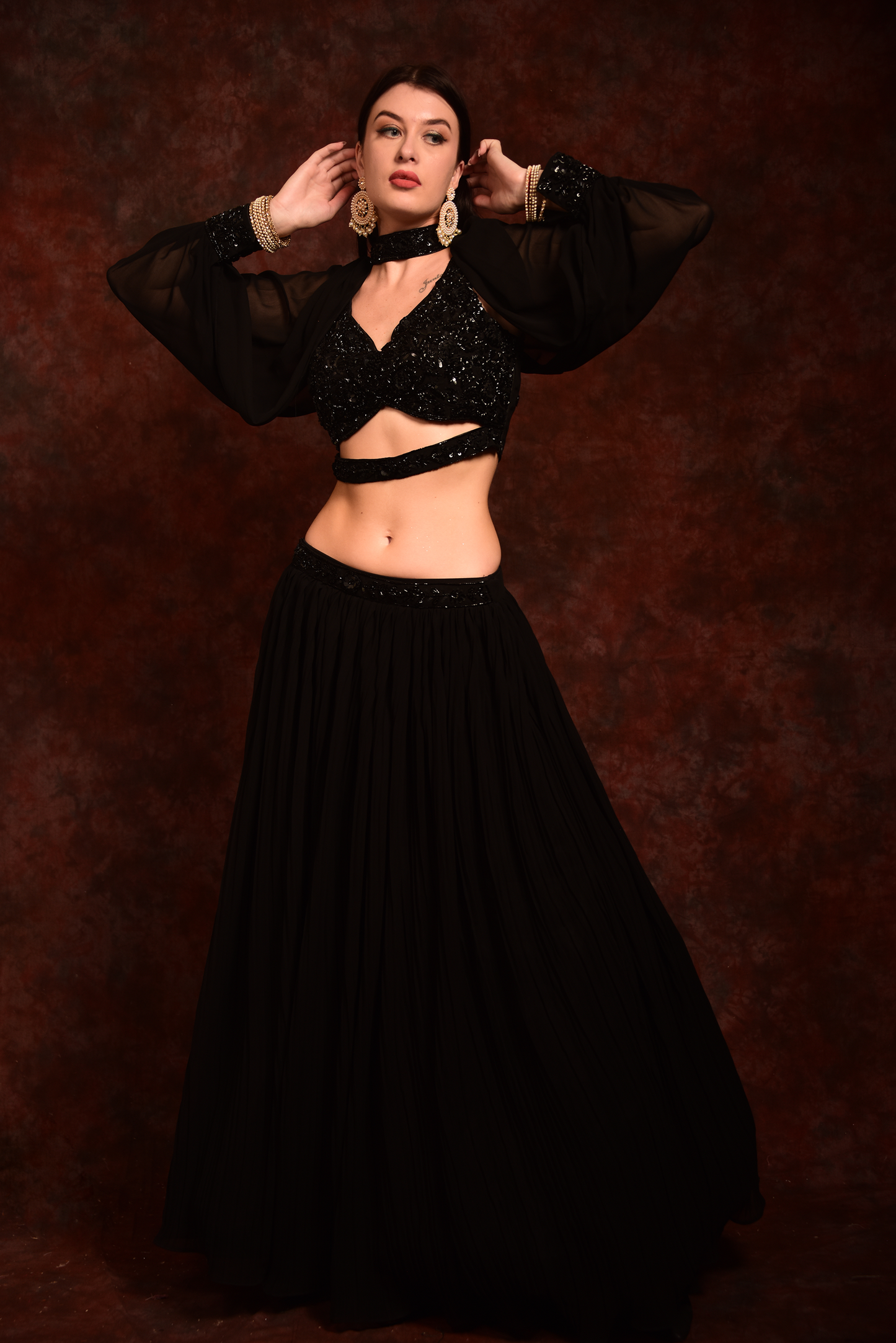 BLACK CROPTOP SKIRT LEHENGA WITH CHOKER SLEEVER Laalzari