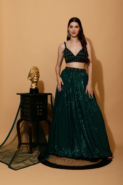 BOTTLE GREEN SEQUENCE CROP TOP SKIRT AND DUPATTA