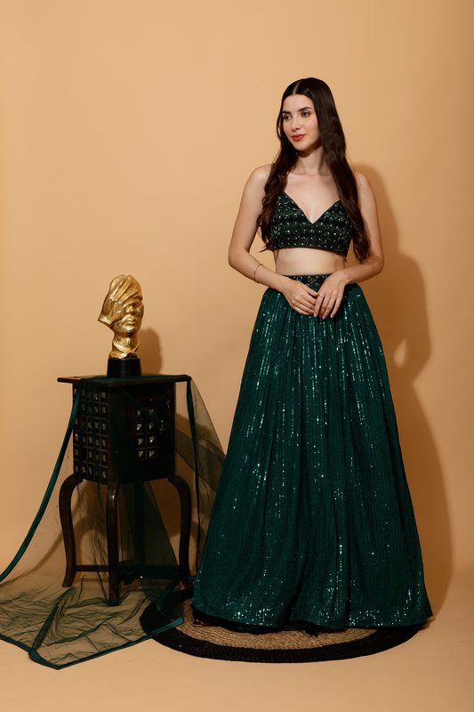 BOTTLE GREEN SEQUENCE CROP TOP SKIRT AND DUPATTA