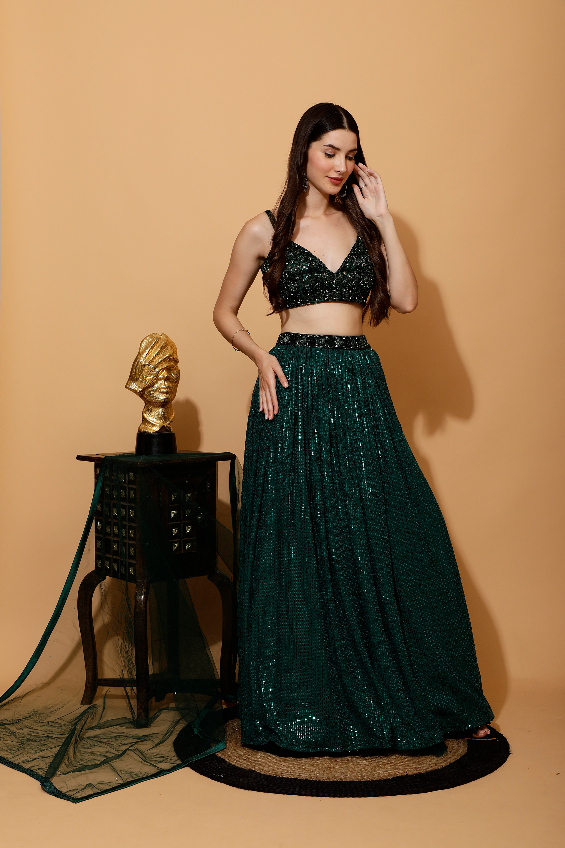 BOTTLE GREEN SEQUENCE CROP TOP SKIRT
