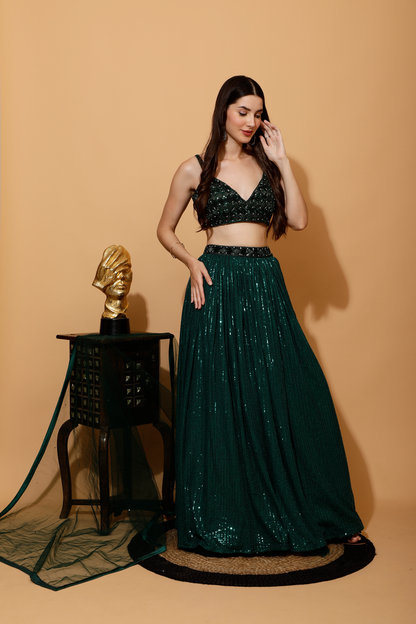 BOTTLE GREEN SEQUENCE CROP TOP SKIRT AND DUPATTA